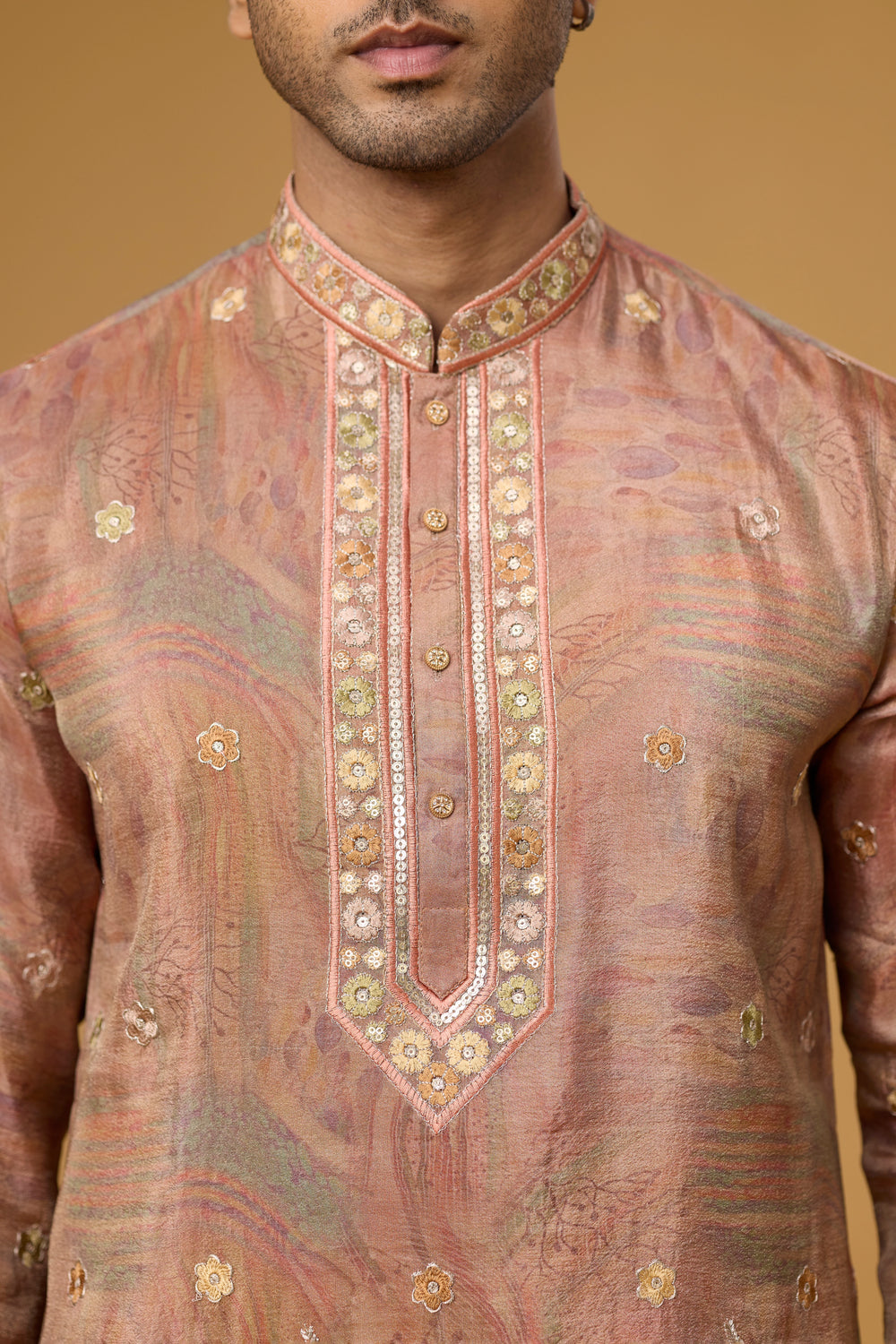 Champagne Blush Floral Kurta Set for Men – Full Length View | Mahavir NX