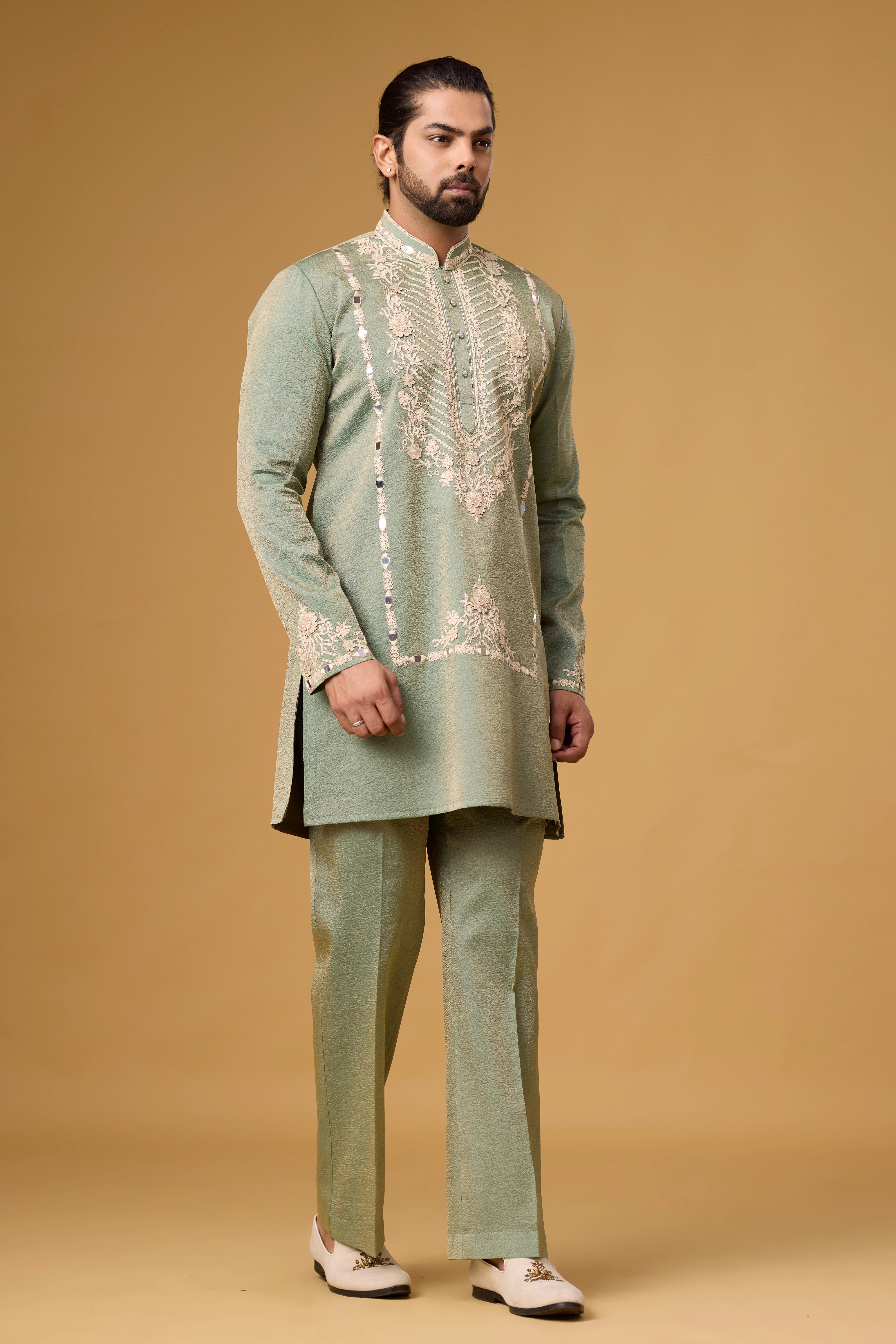 Floral Embroidered Sage Kurta Set – Festive Ethnic Wear | Mahavir NX