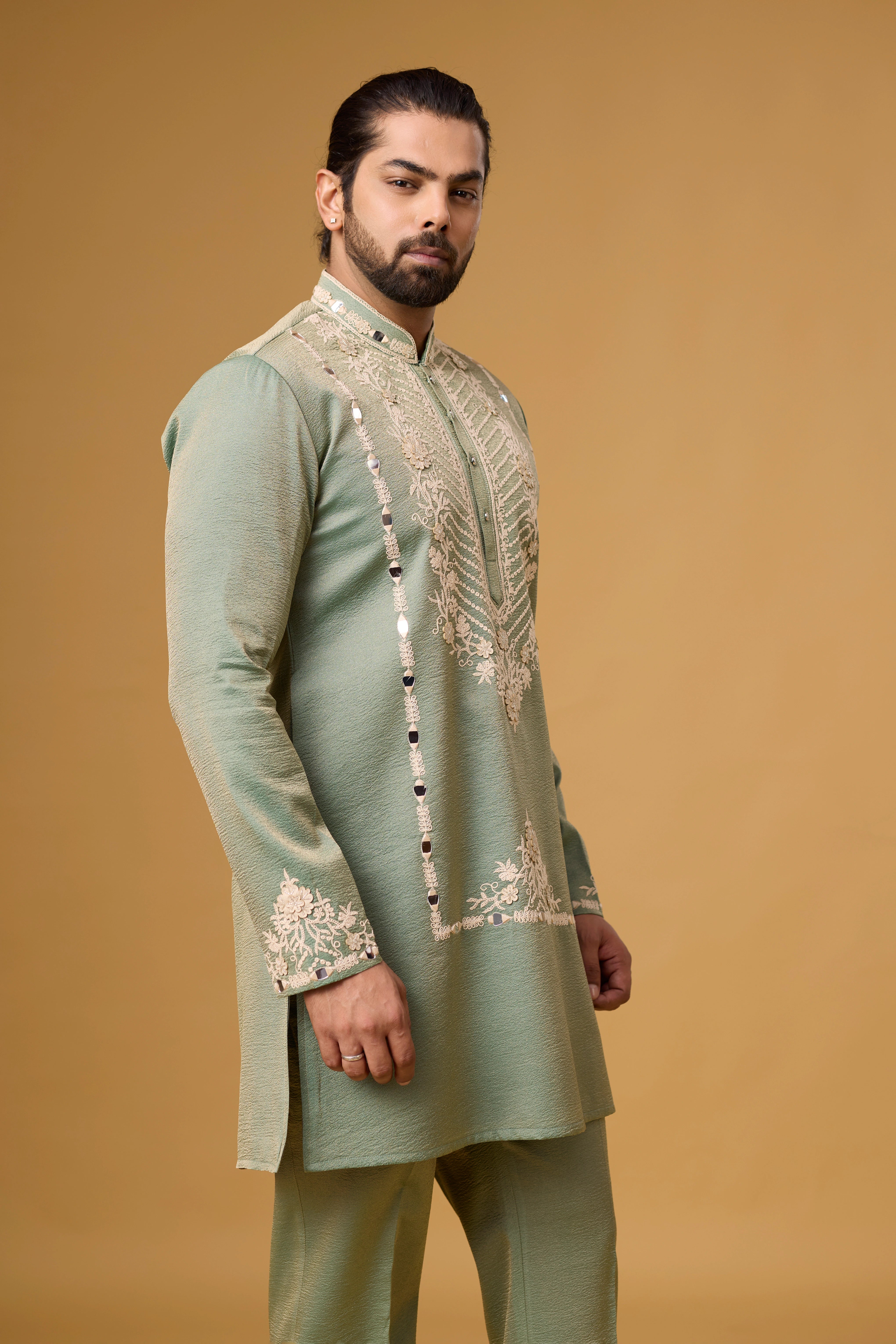 Sage Green Kurta Pajama Set for Men – Front View | Mahavir NX