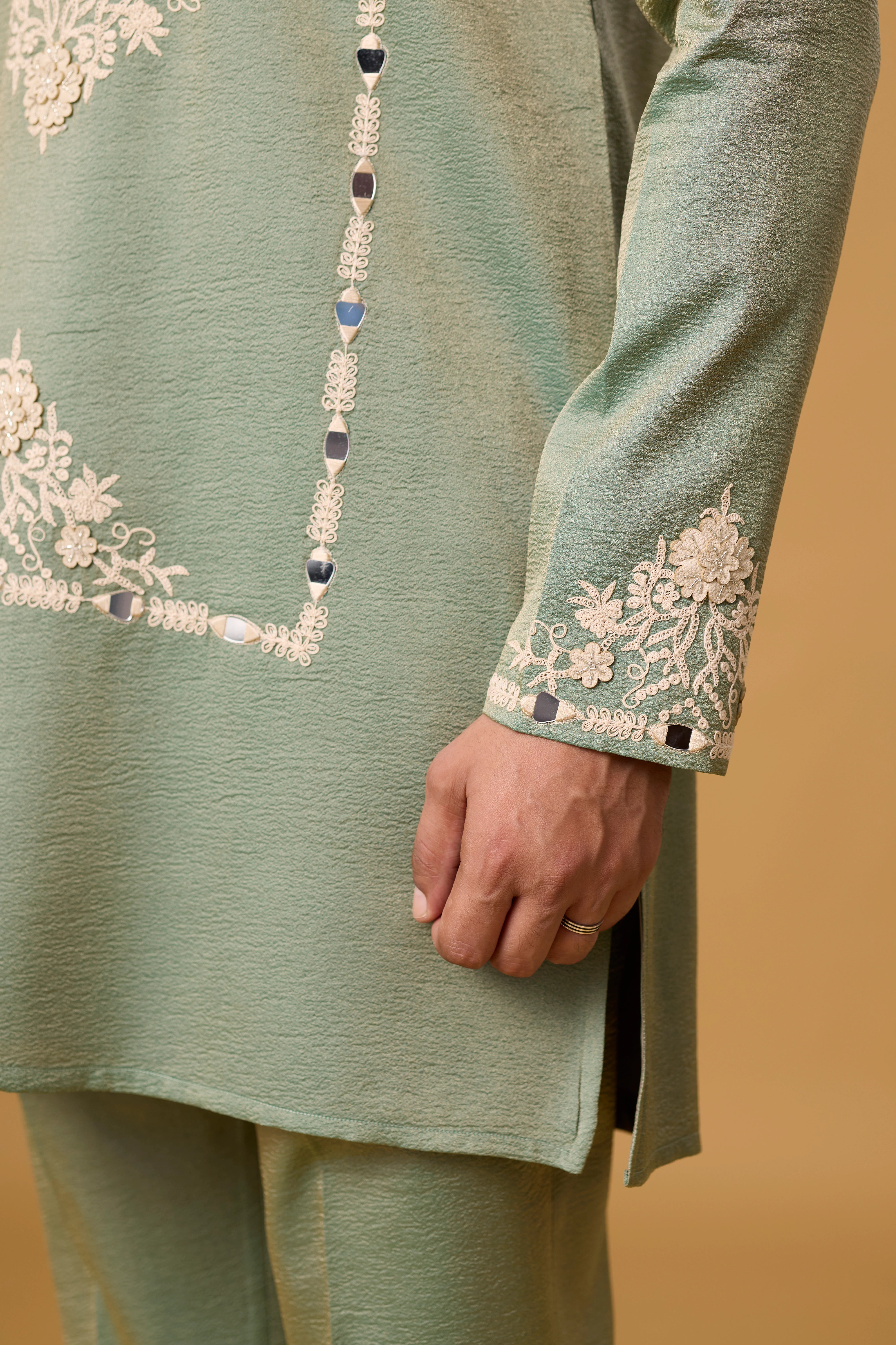 Sage Green Floral Kurta Set for Men – Full Length View | Mahavir NX