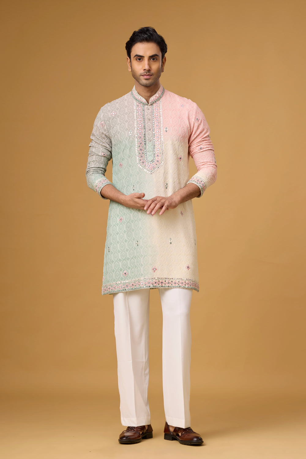 Ivory Blush Diamond Motif Kurta Set for Men | Mahavir NX