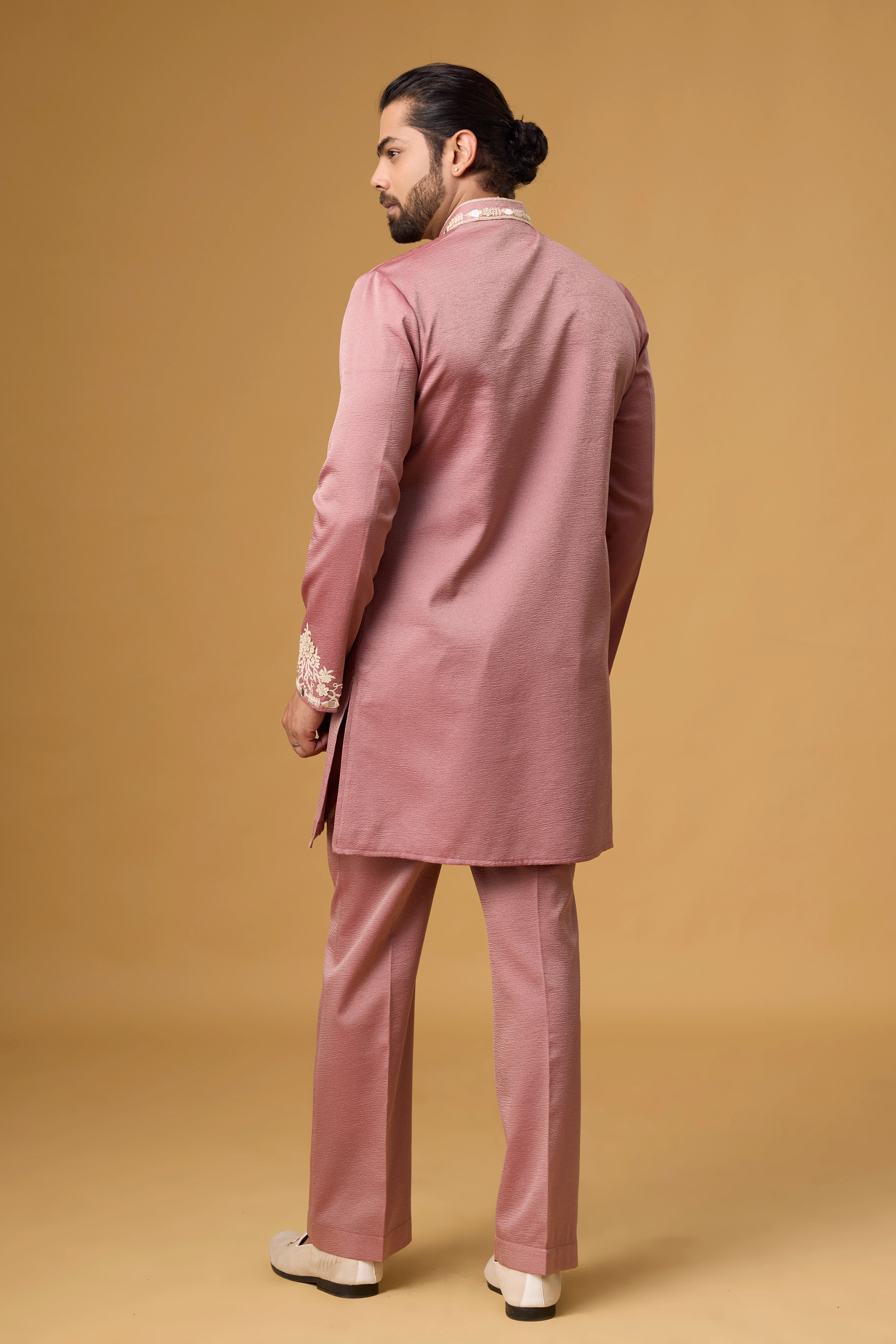 Floral Embroidered Dusty Rose Kurta Pajama Set – Front View | Mahavir NX