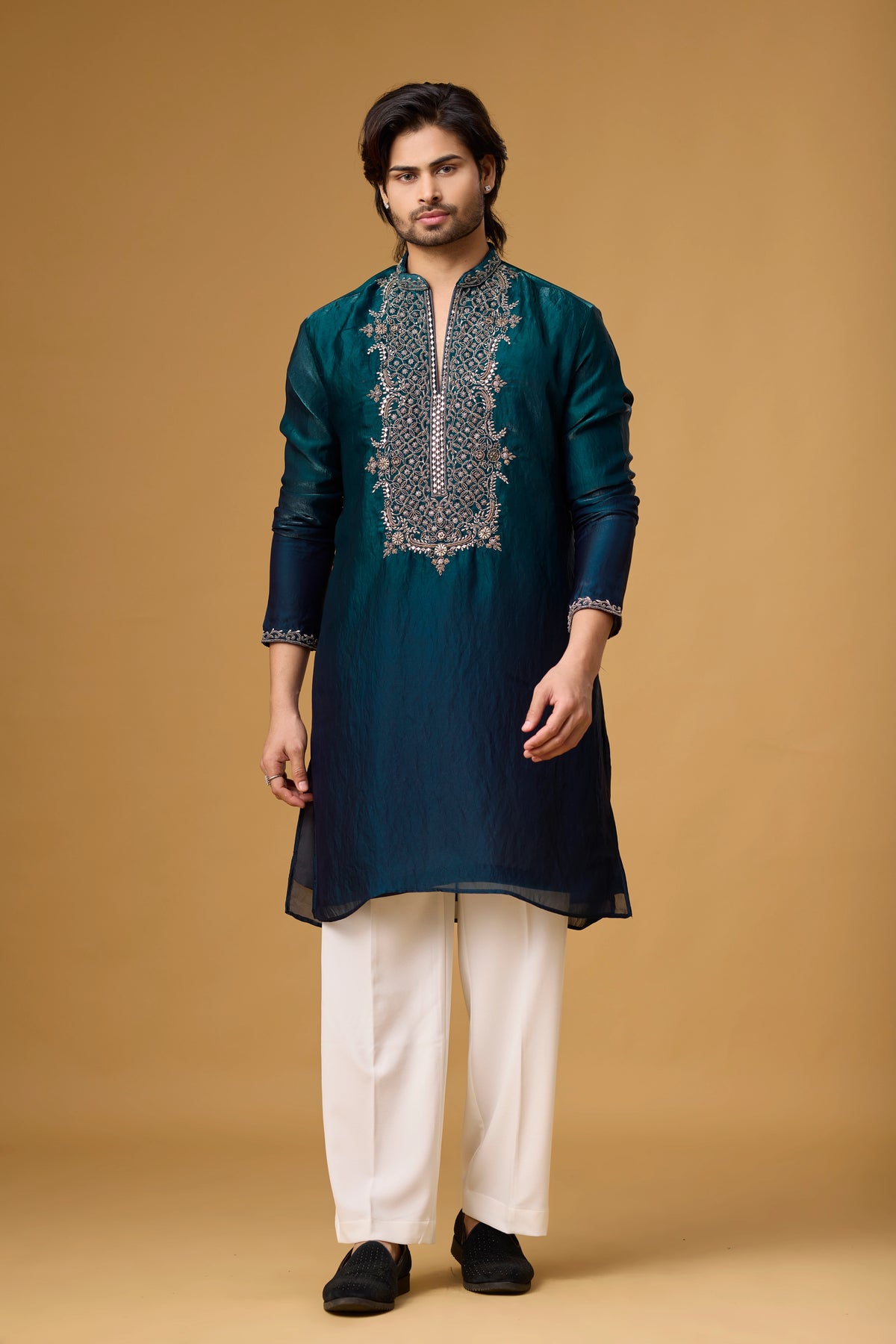 Midnight Teal Heritage Embroidered Kurta Set