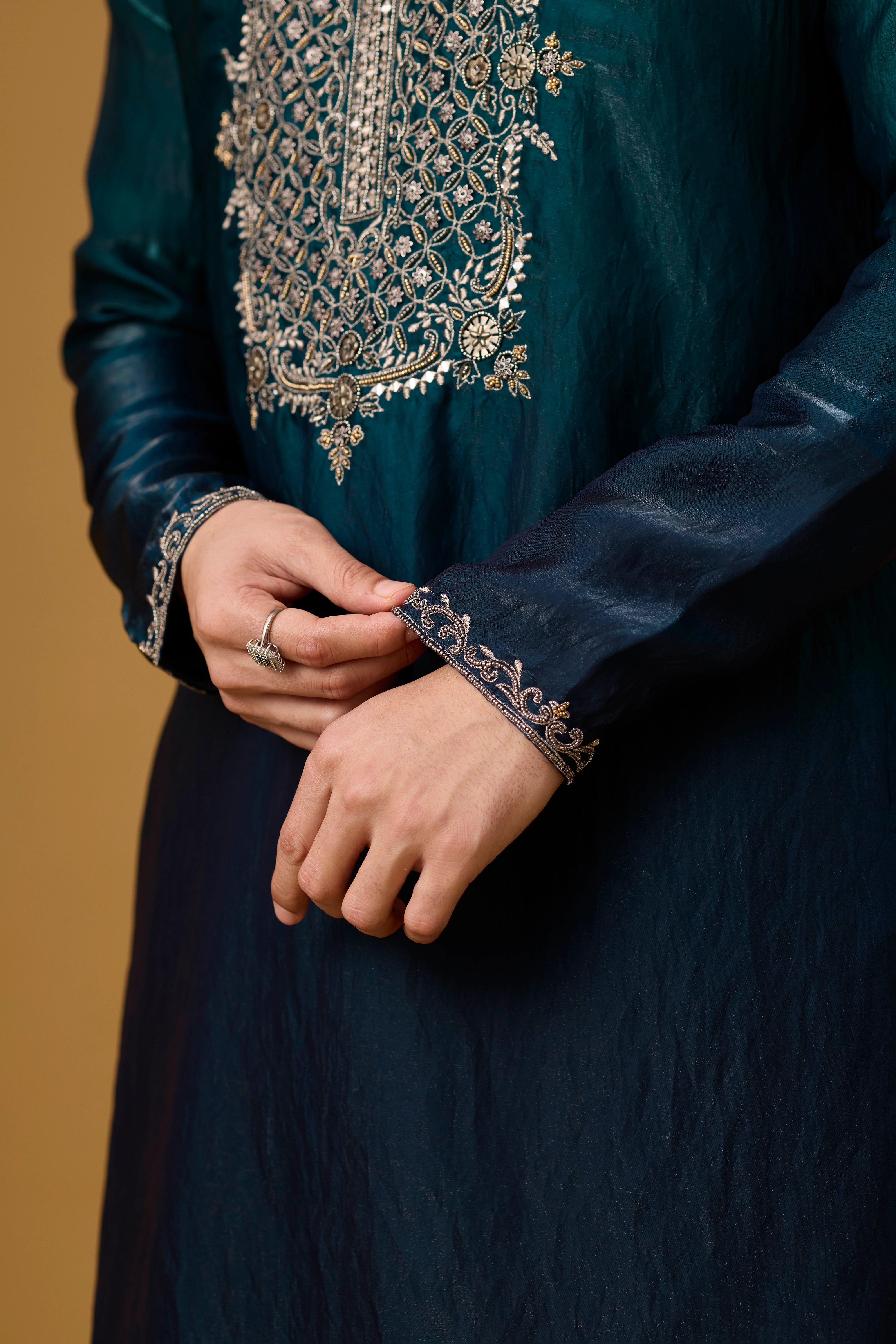 Midnight Teal Heritage Embroidered Kurta Set
