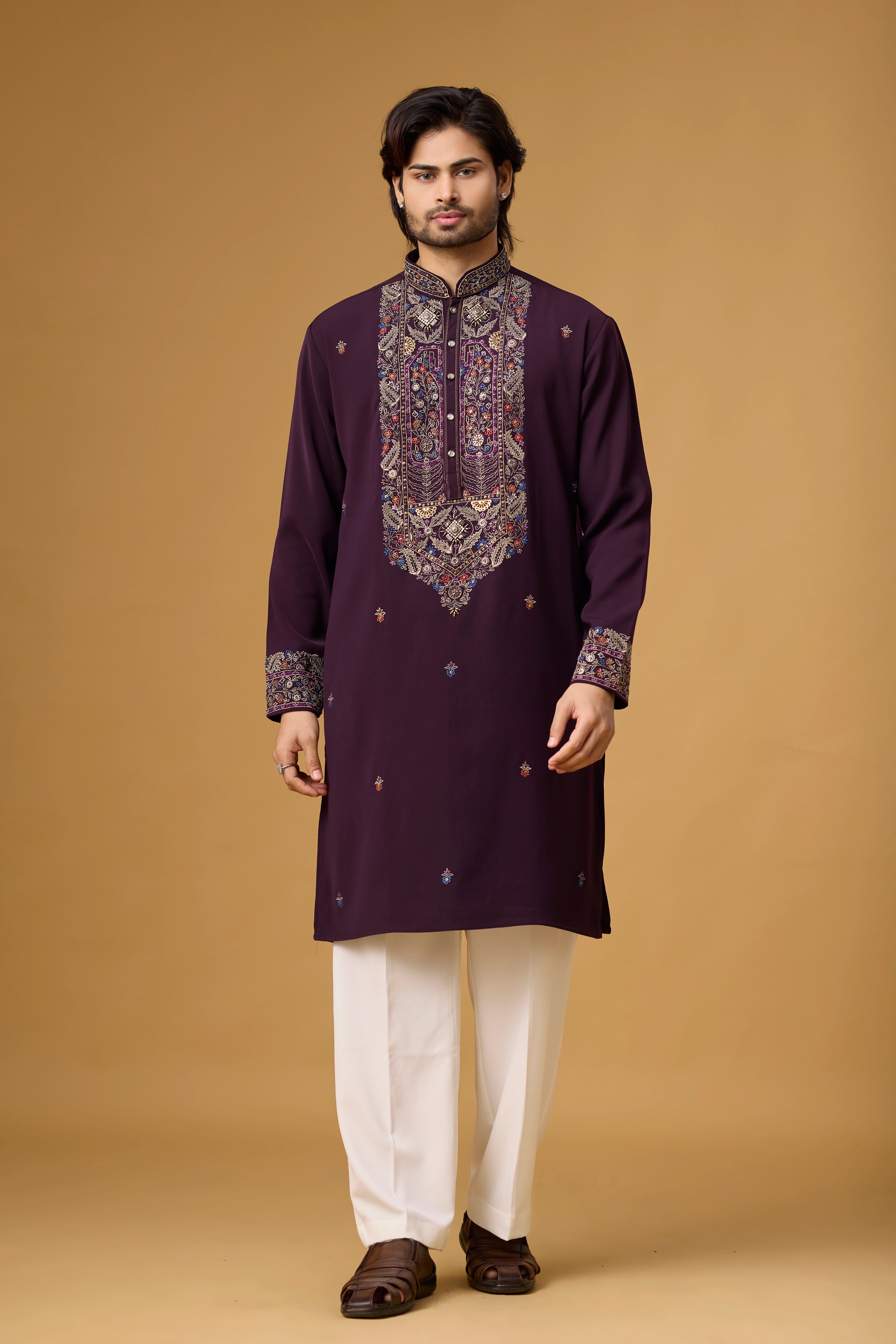 Regal Plum Heritage Embroidered Kurta Set