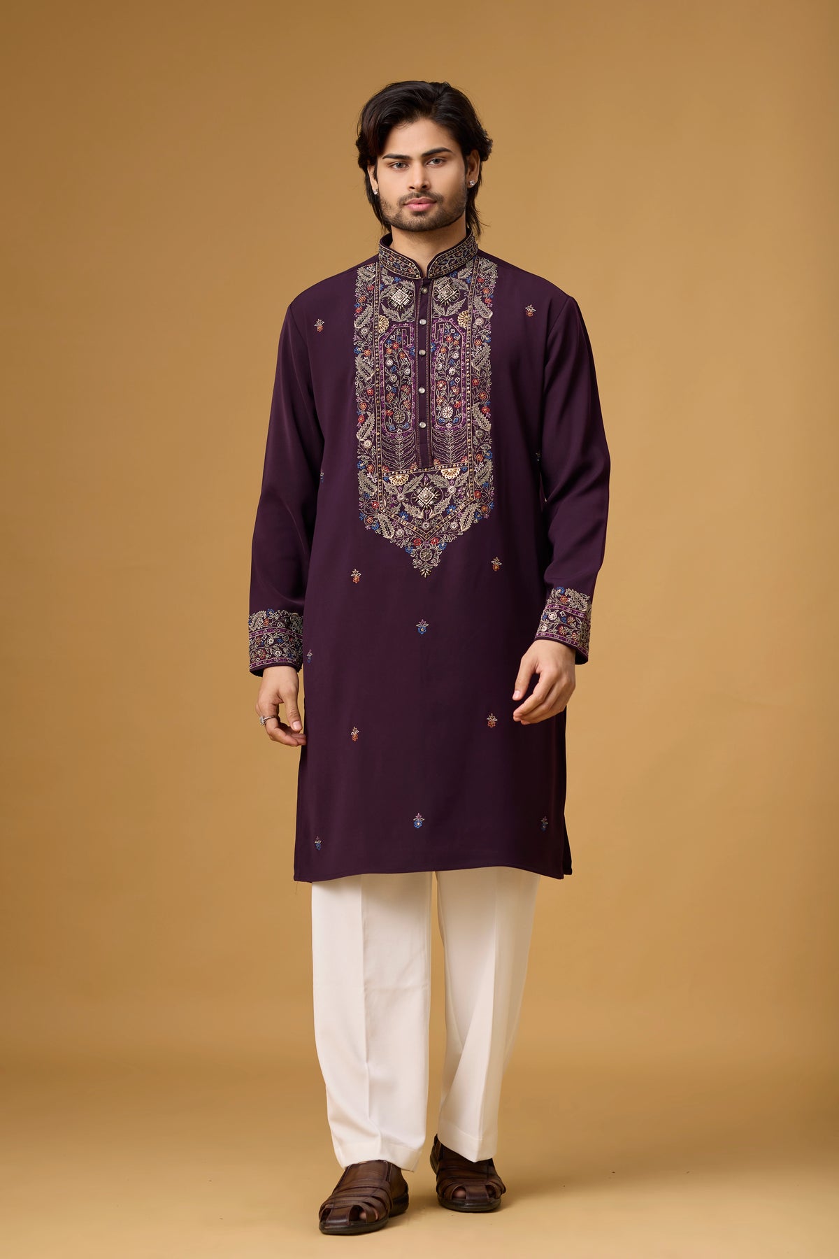 Regal Plum Heritage Embroidered Kurta Set