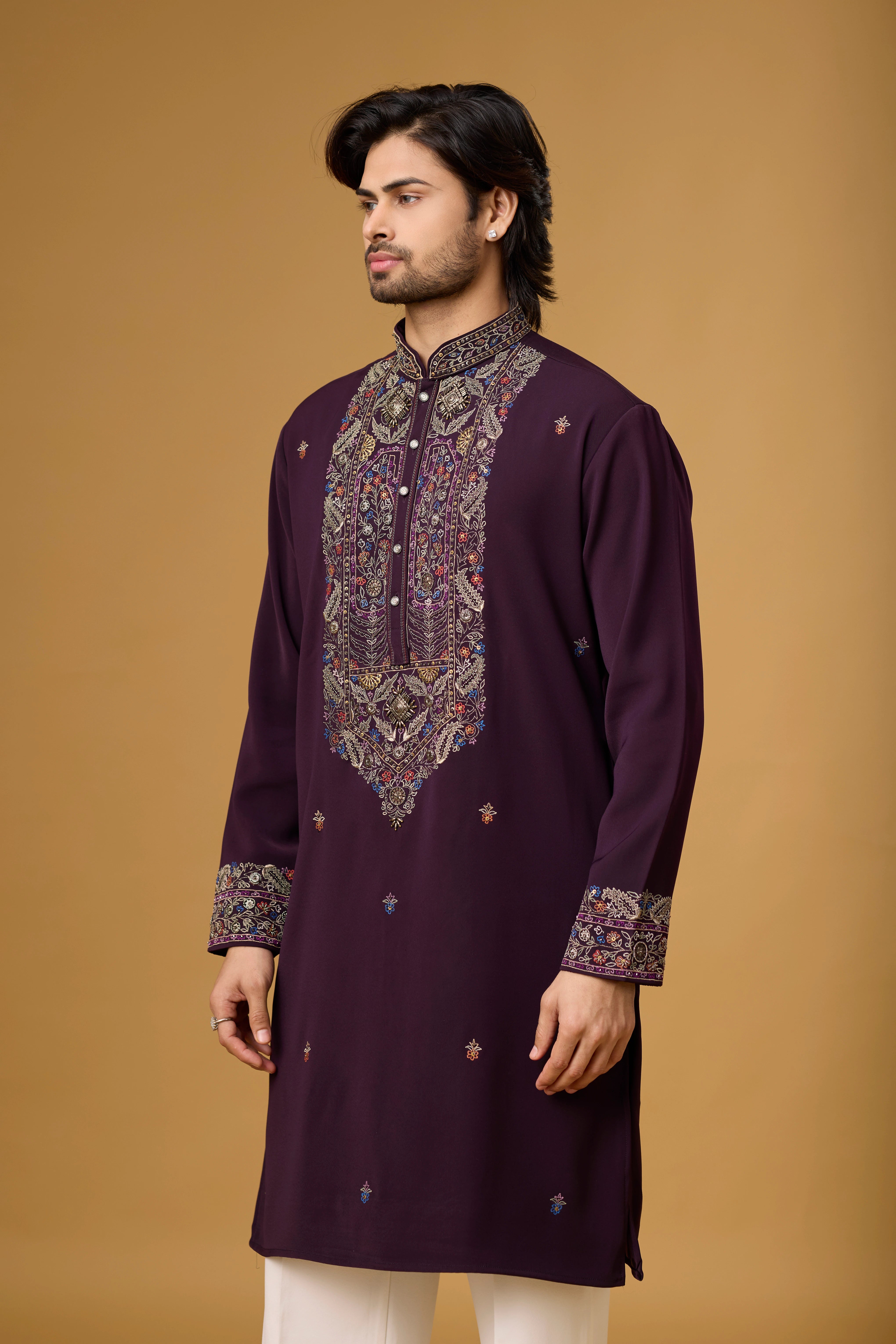 Regal Plum Heritage Embroidered Kurta Set