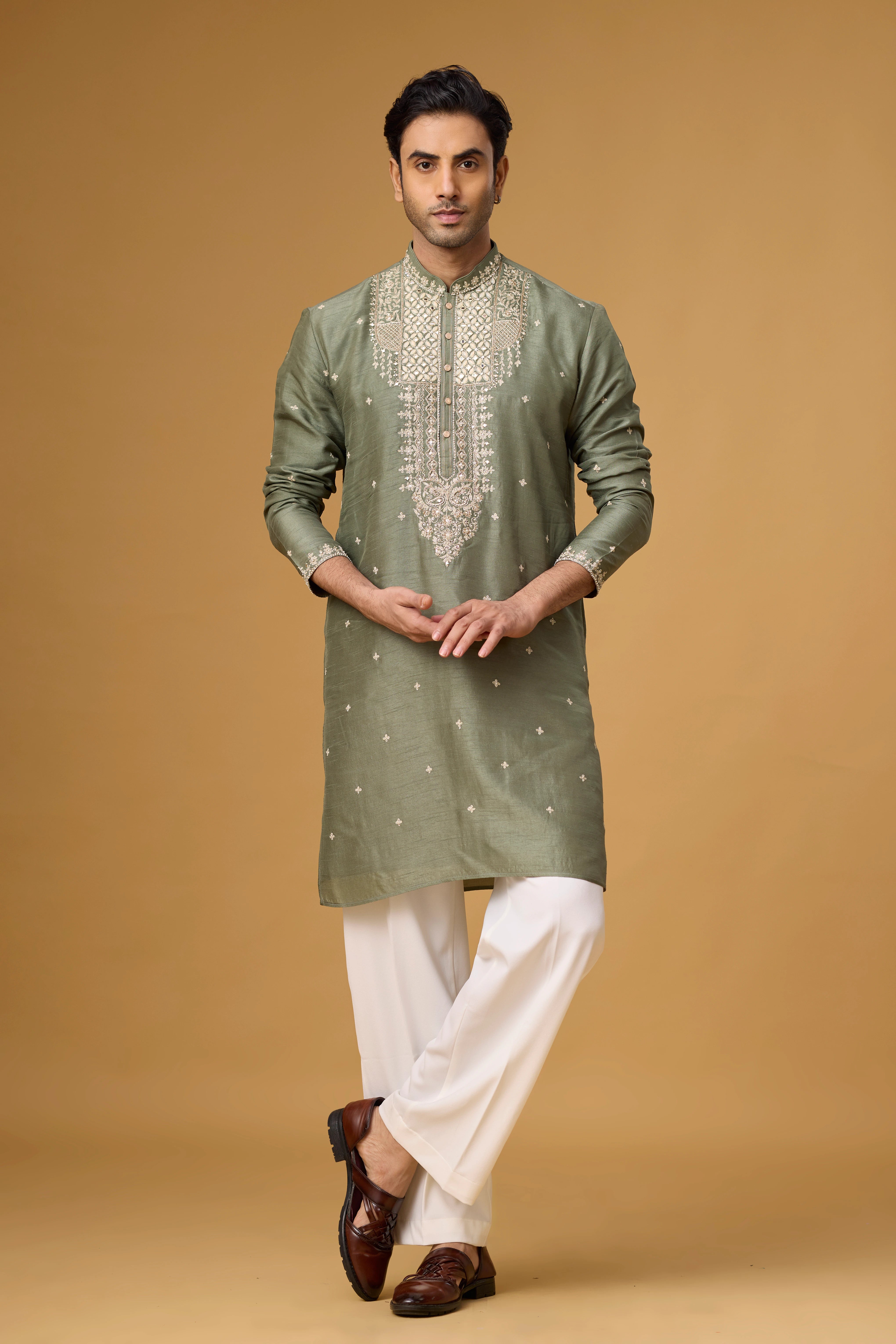 Olive Heritage Embroidered Kurta Set