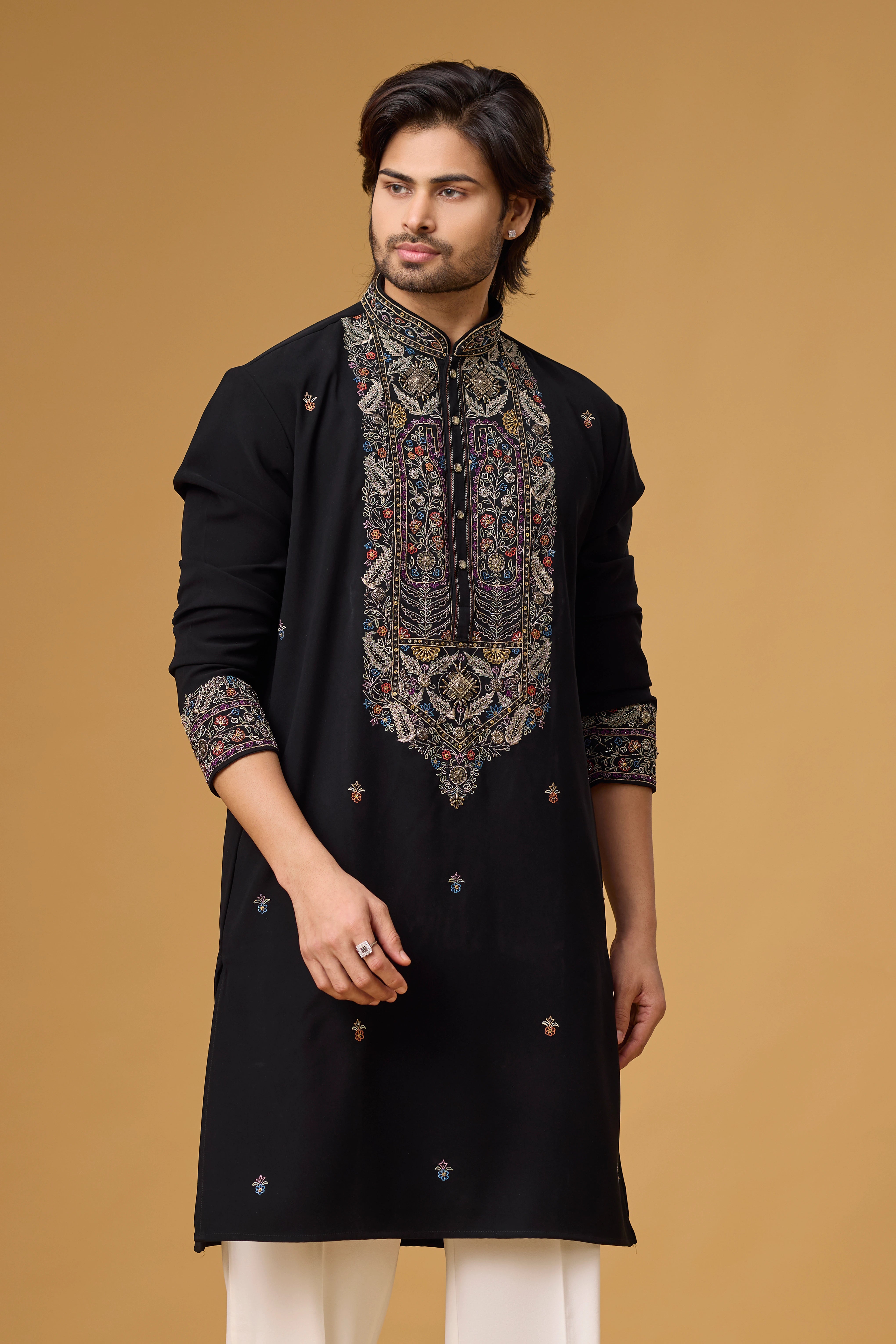 Midnight Black Heritage Embroidered Kurta Set