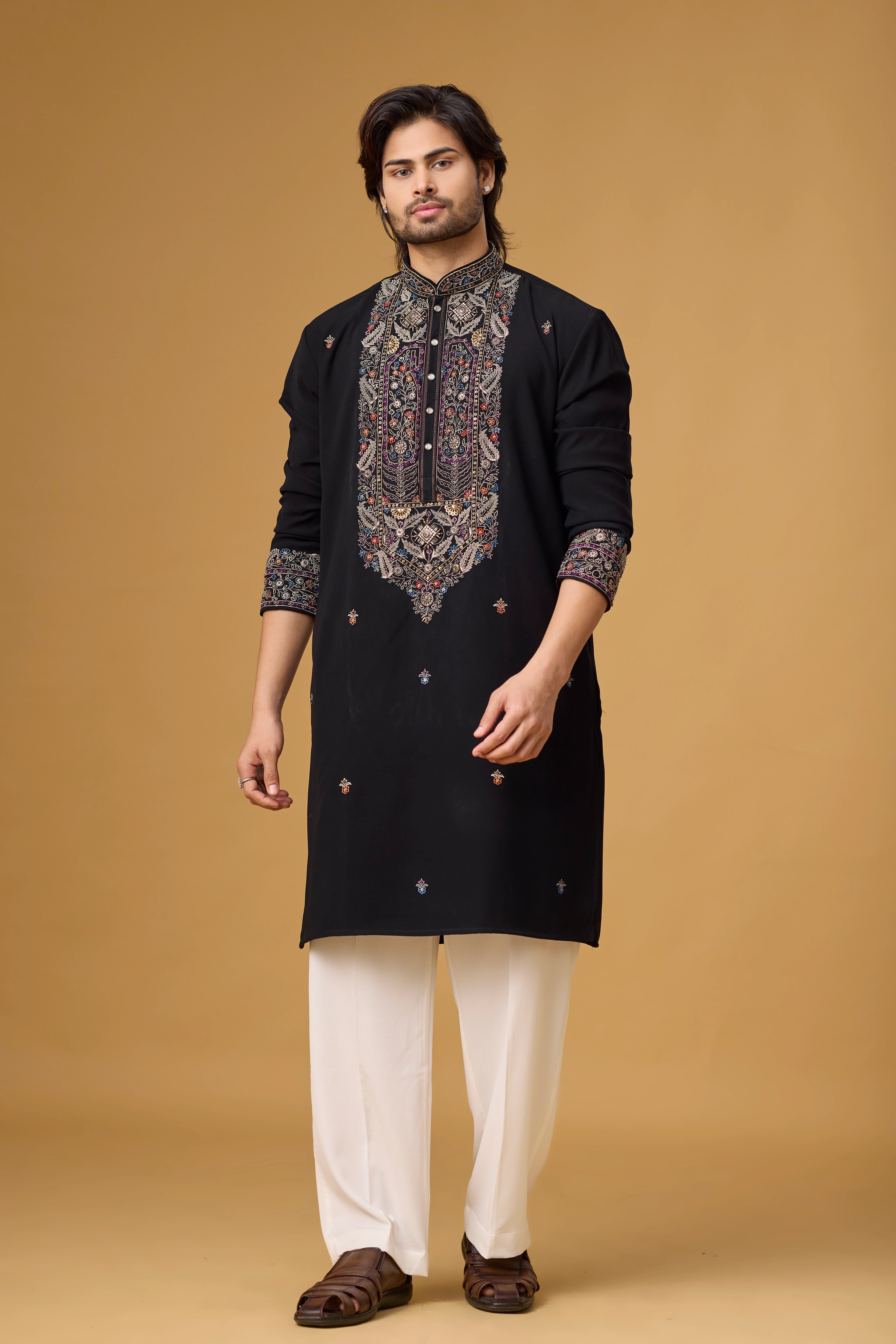 Midnight Black Heritage Embroidered Kurta Set
