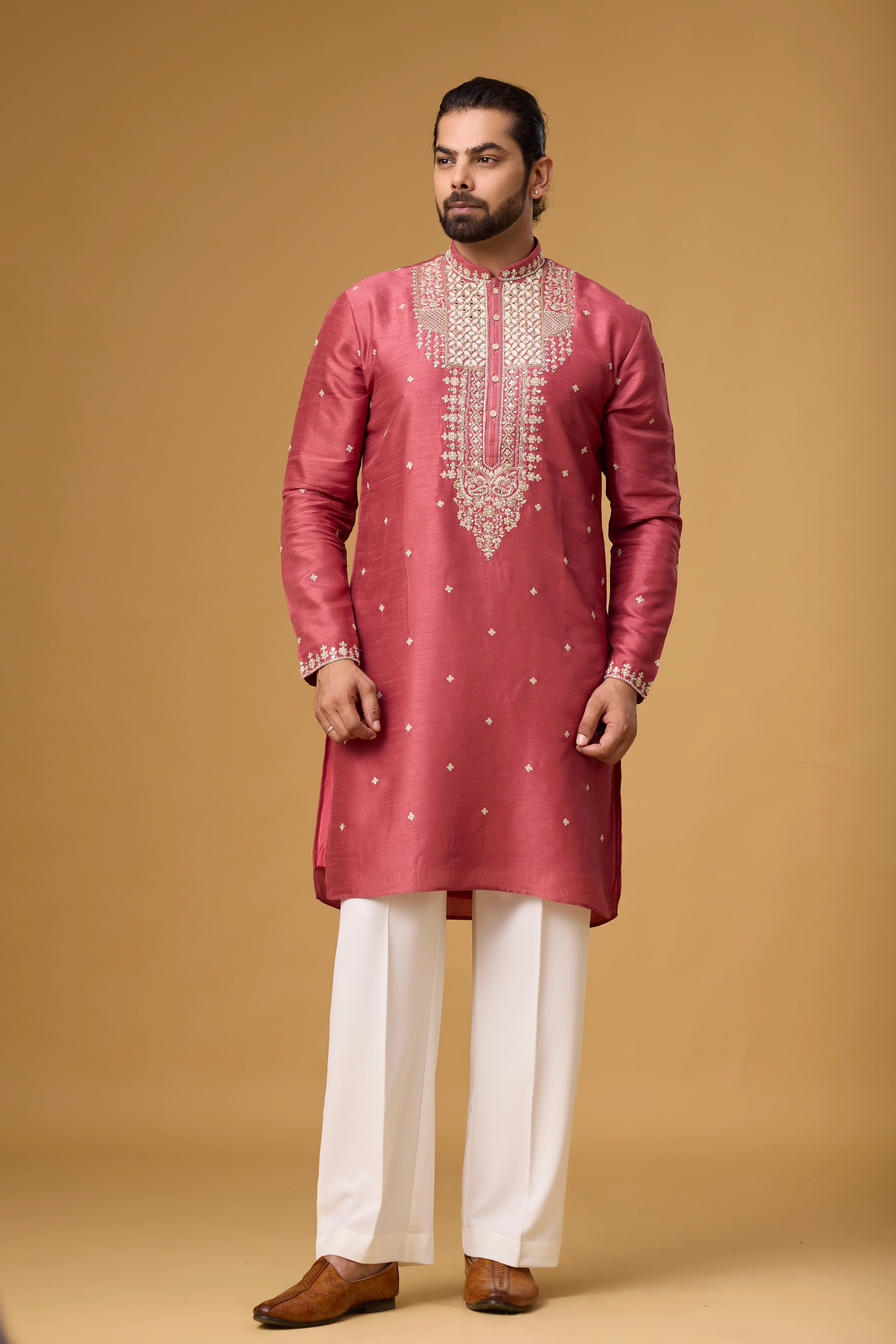 Rosewood Pink Embroidered Heritage Kurta Set