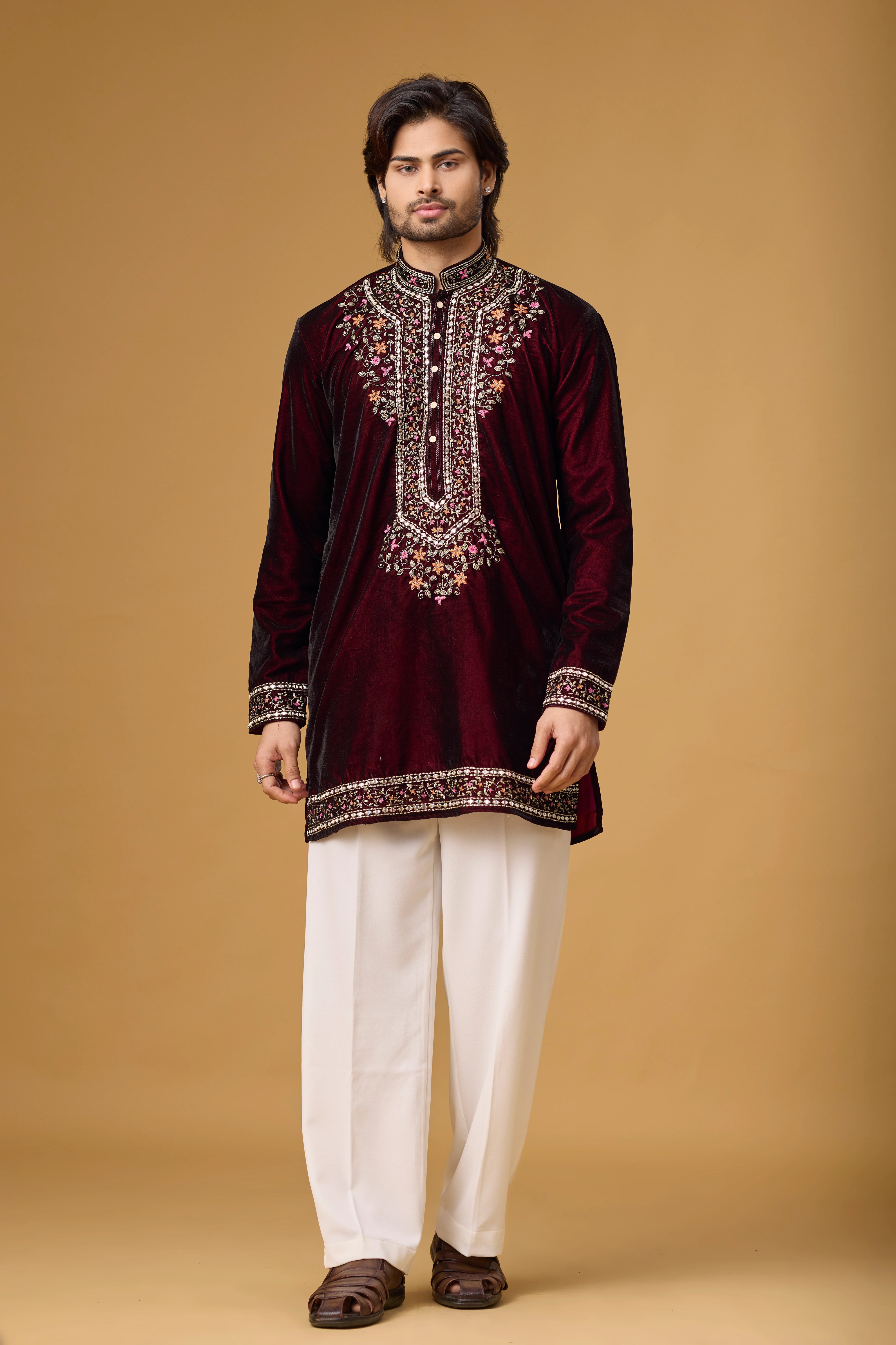 Regal Burgundy Velvet Floral Embroidered Kurta Set