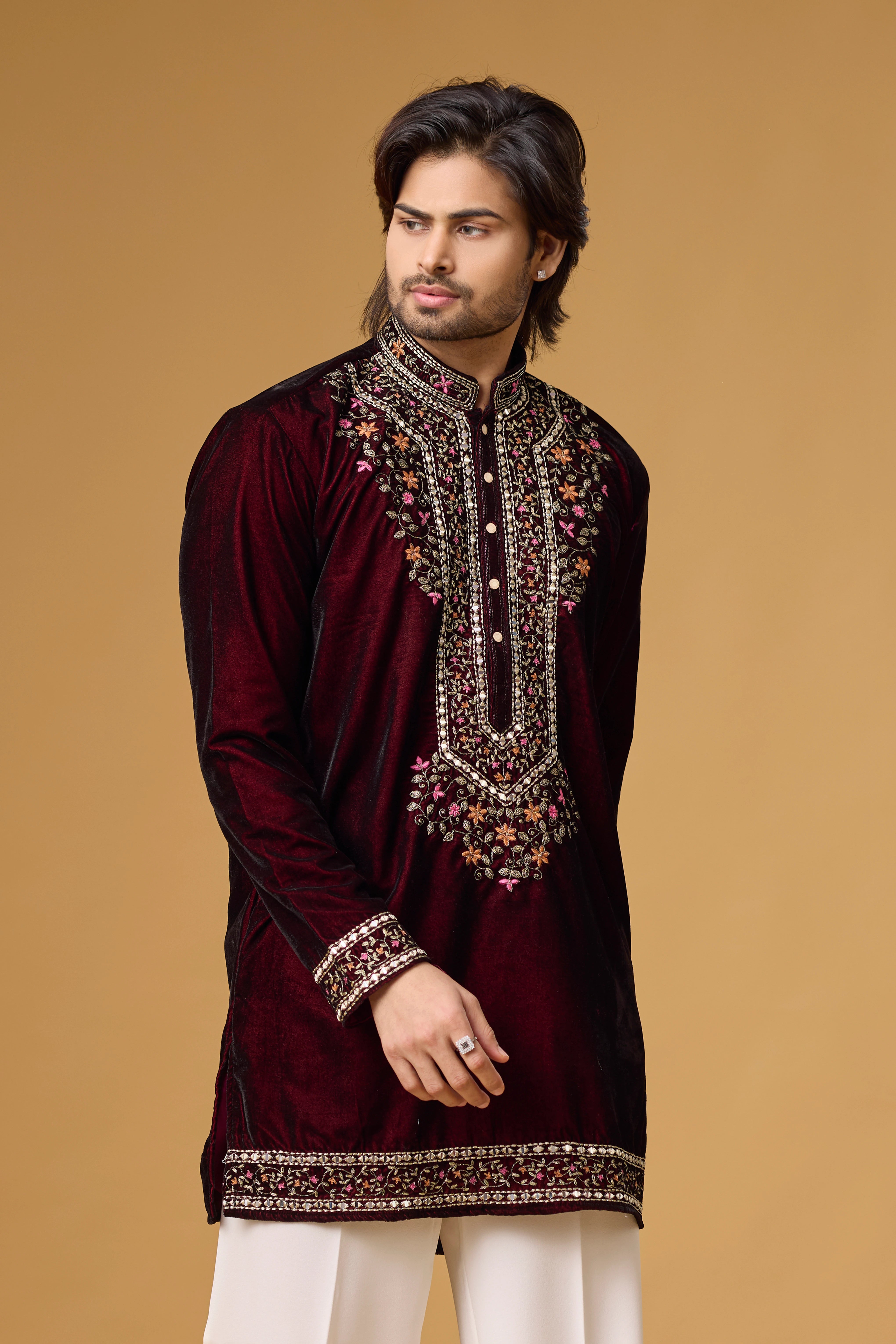 Regal Burgundy Velvet Floral Embroidered Kurta Set
