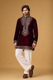 Regal Burgundy Velvet Floral Embroidered Kurta Set