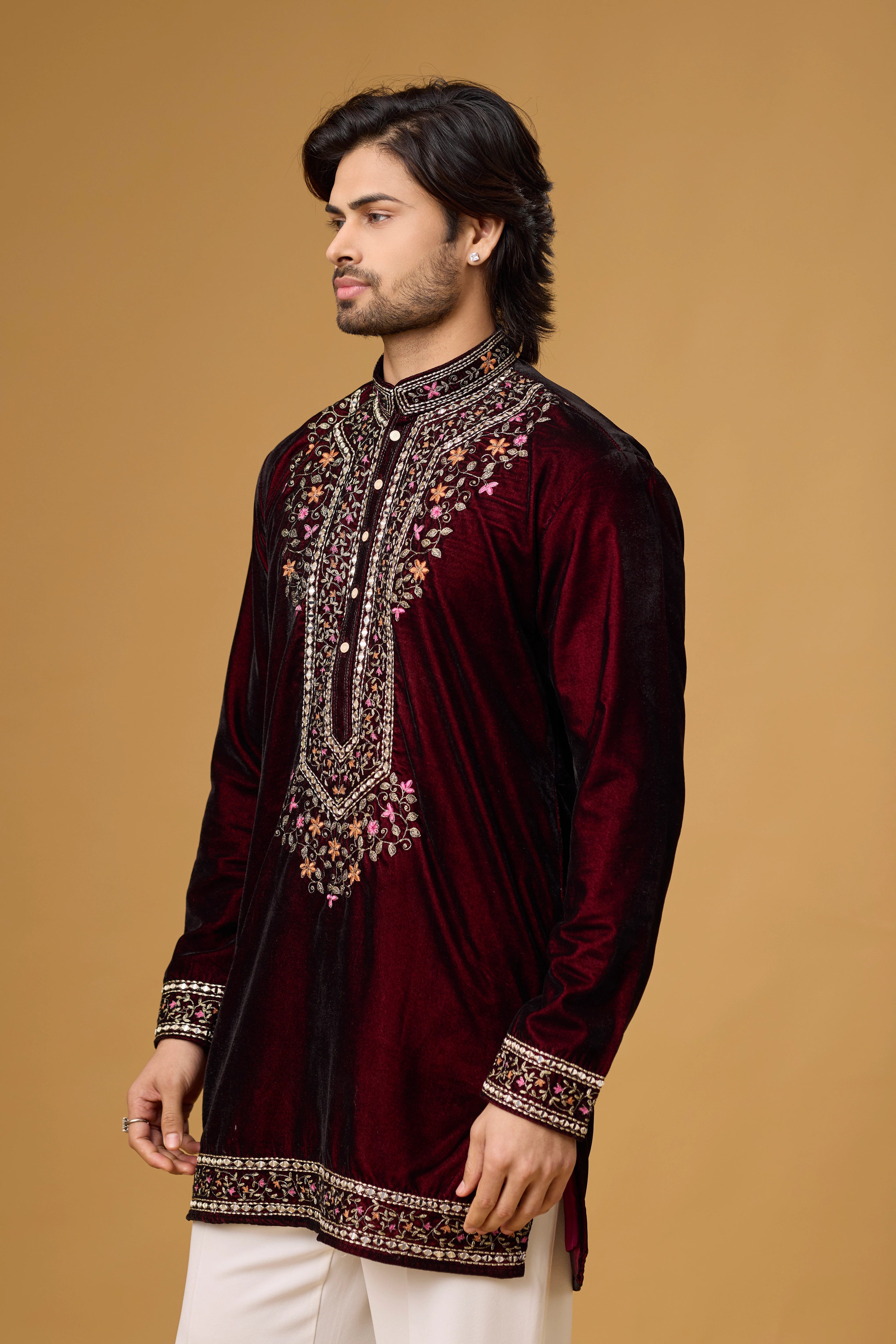 Regal Burgundy Velvet Floral Embroidered Kurta Set