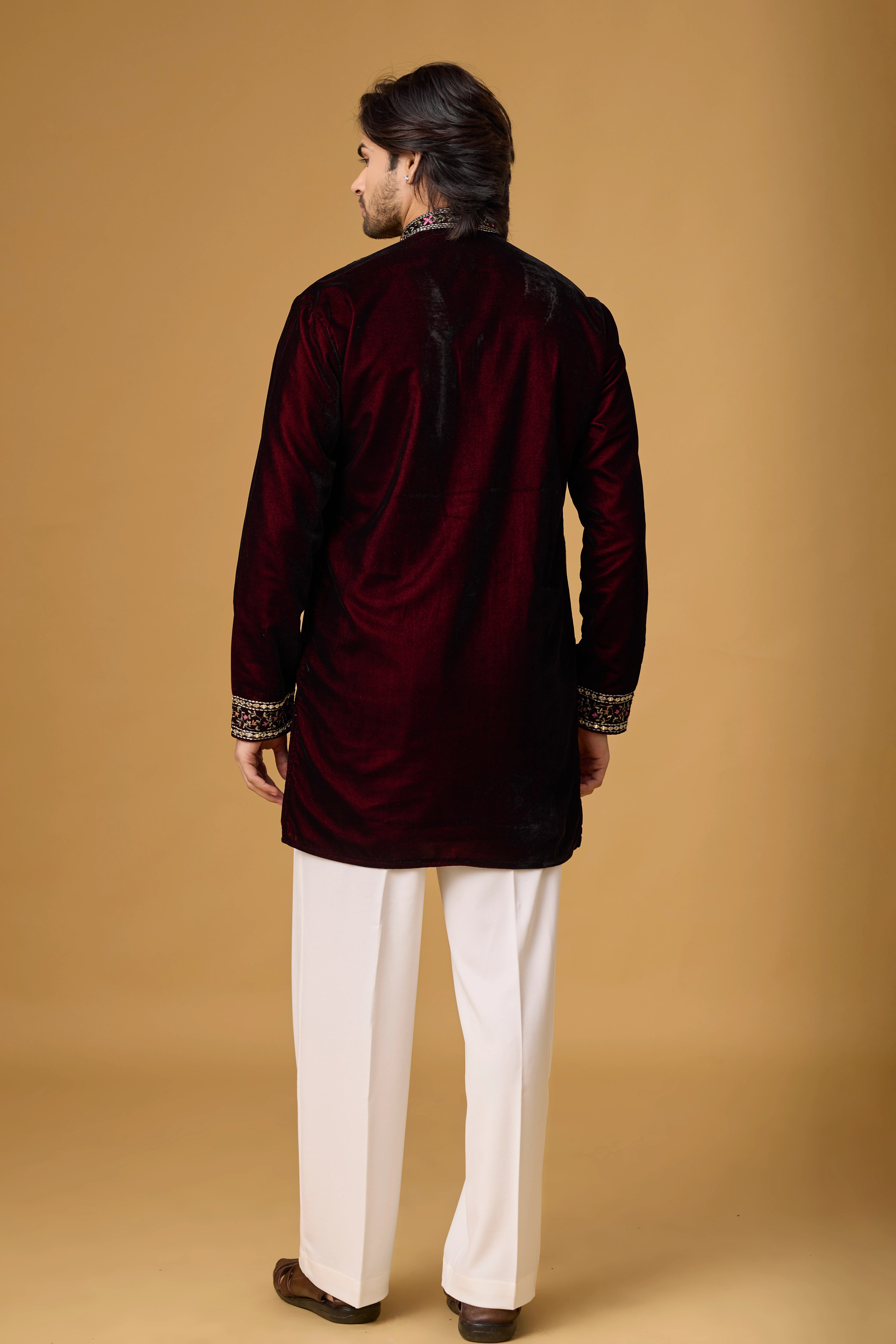 Regal Burgundy Velvet Floral Embroidered Kurta Set
