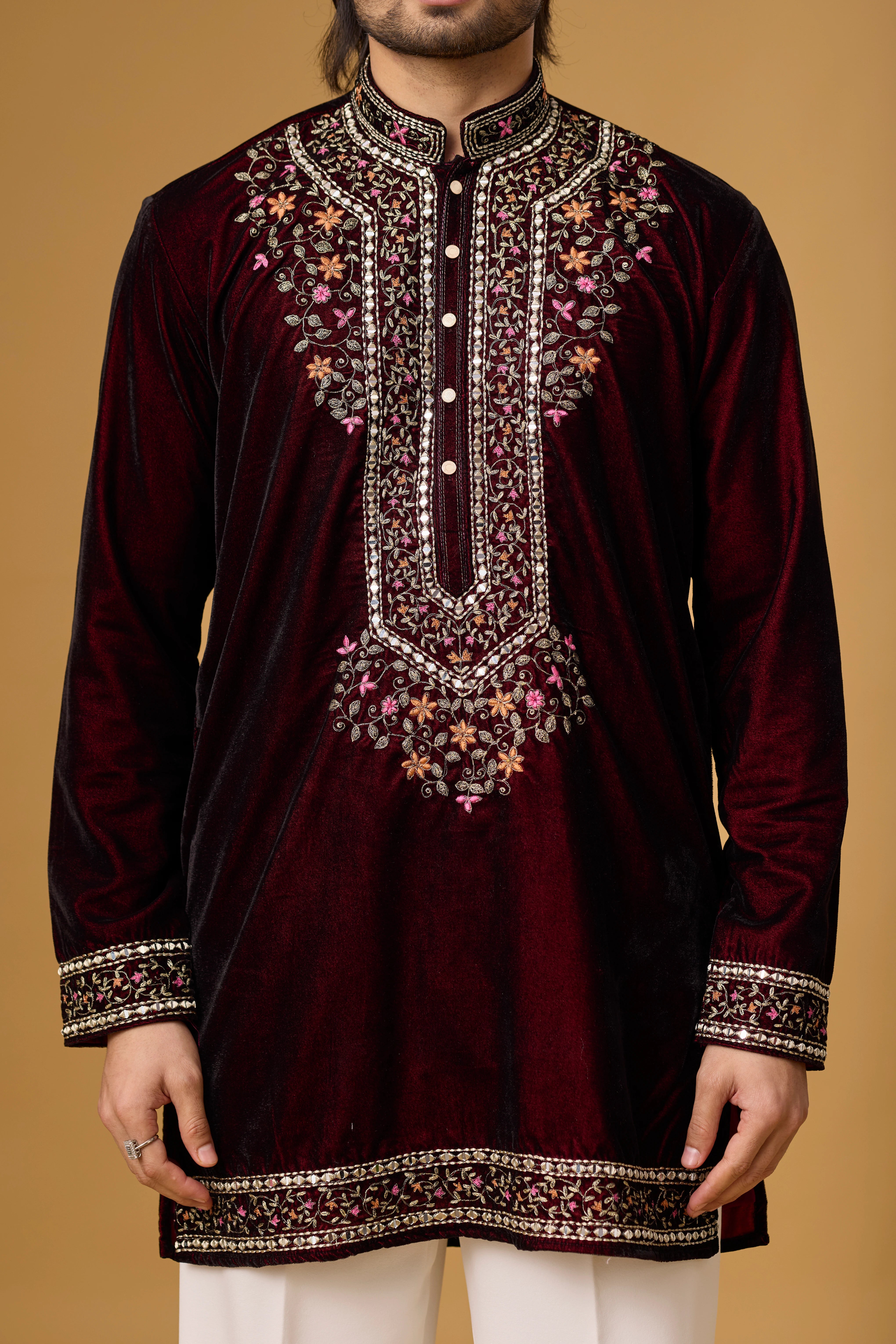 Regal Burgundy Velvet Floral Embroidered Kurta Set