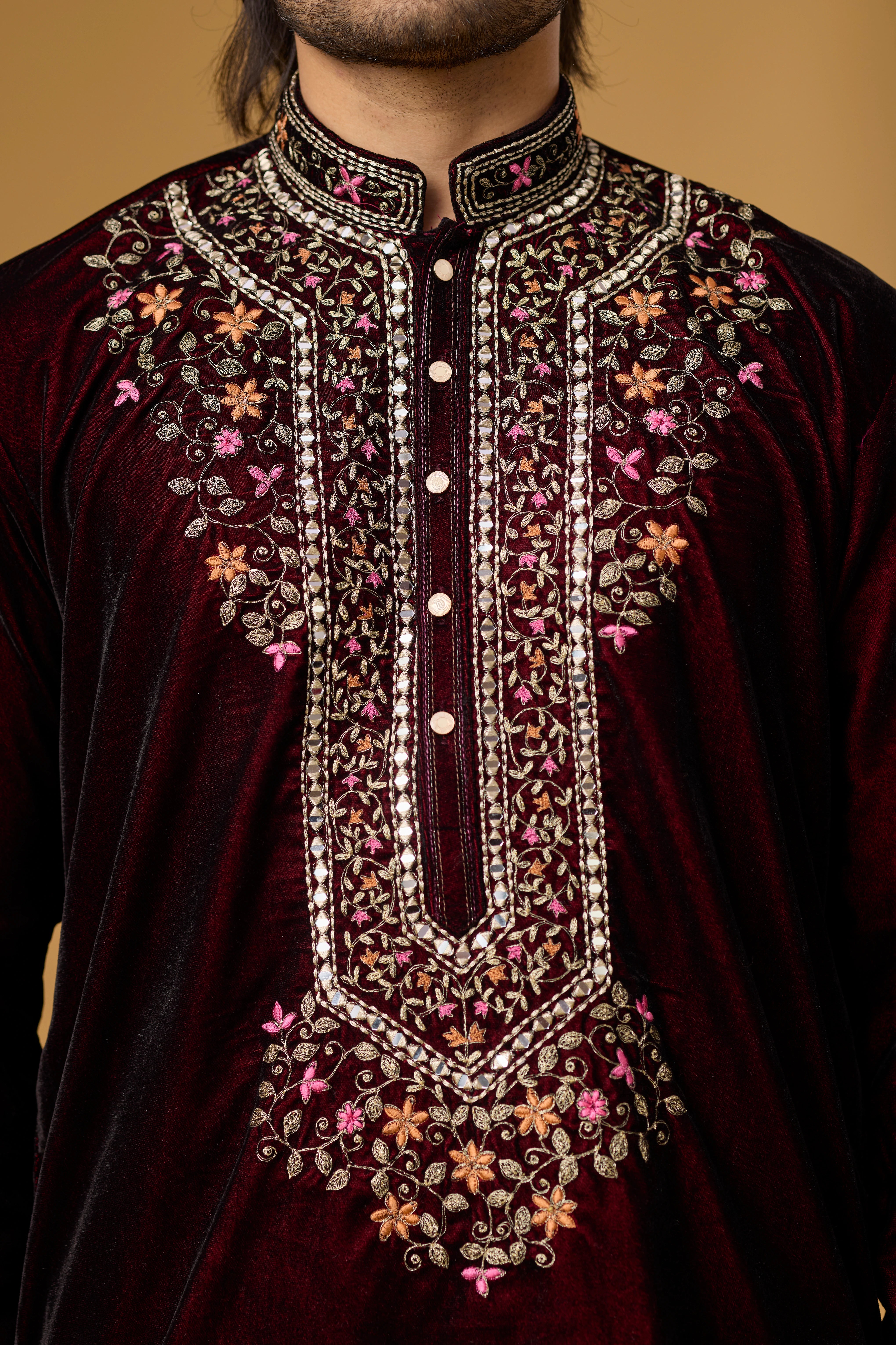 Regal Burgundy Velvet Floral Embroidered Kurta Set