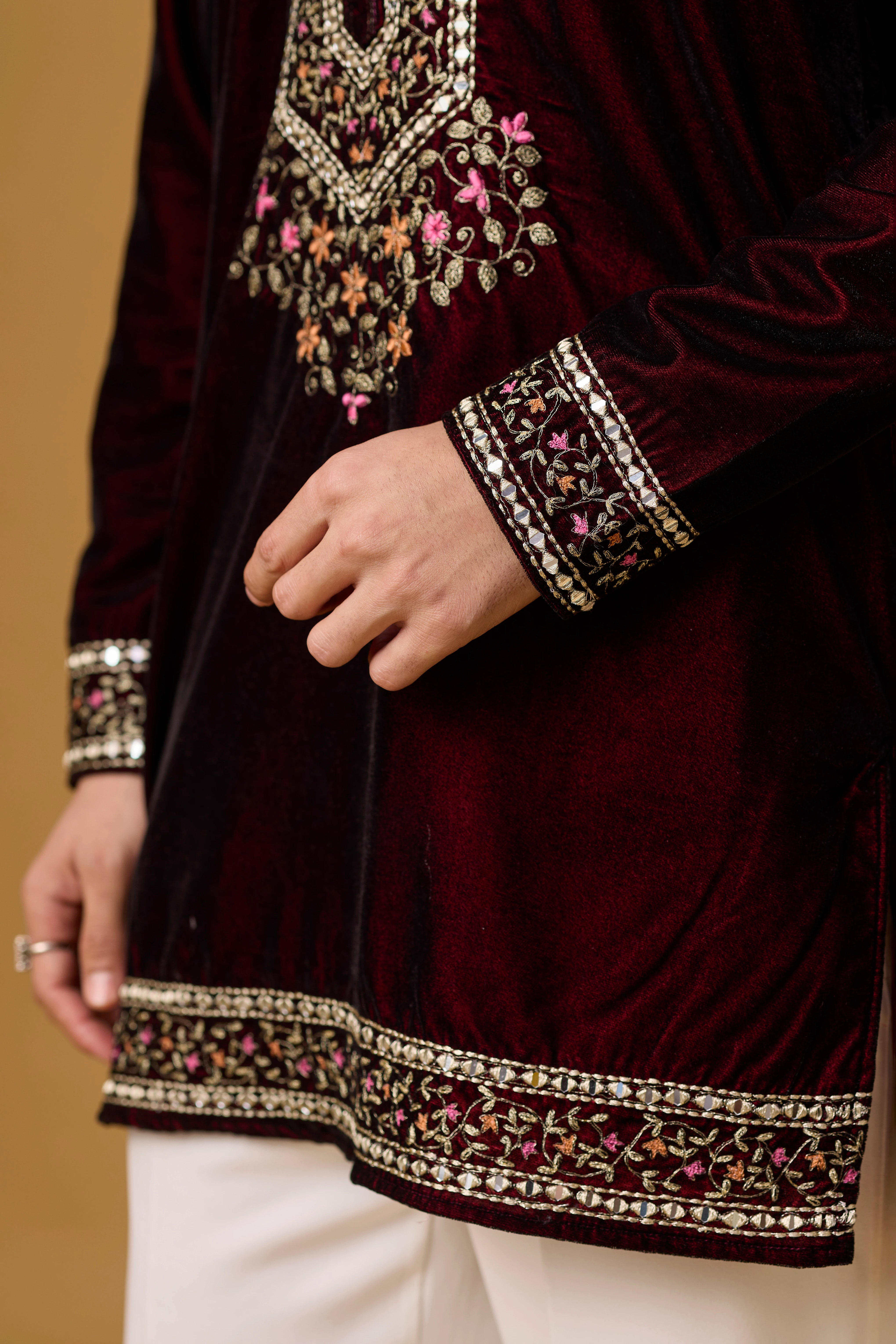 Regal Burgundy Velvet Floral Embroidered Kurta Set