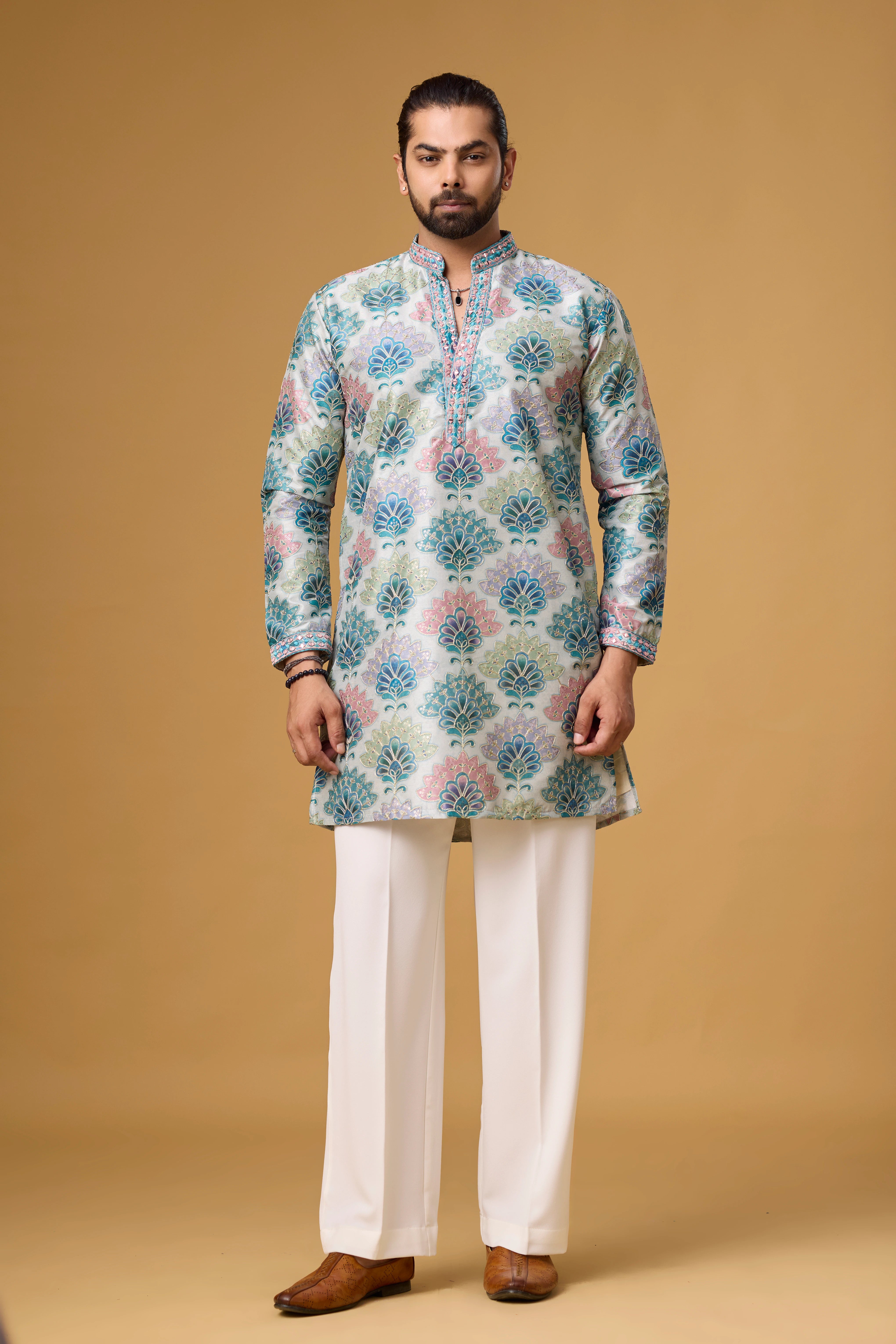 Azure Bloom Printed Jacquard Kurta Set