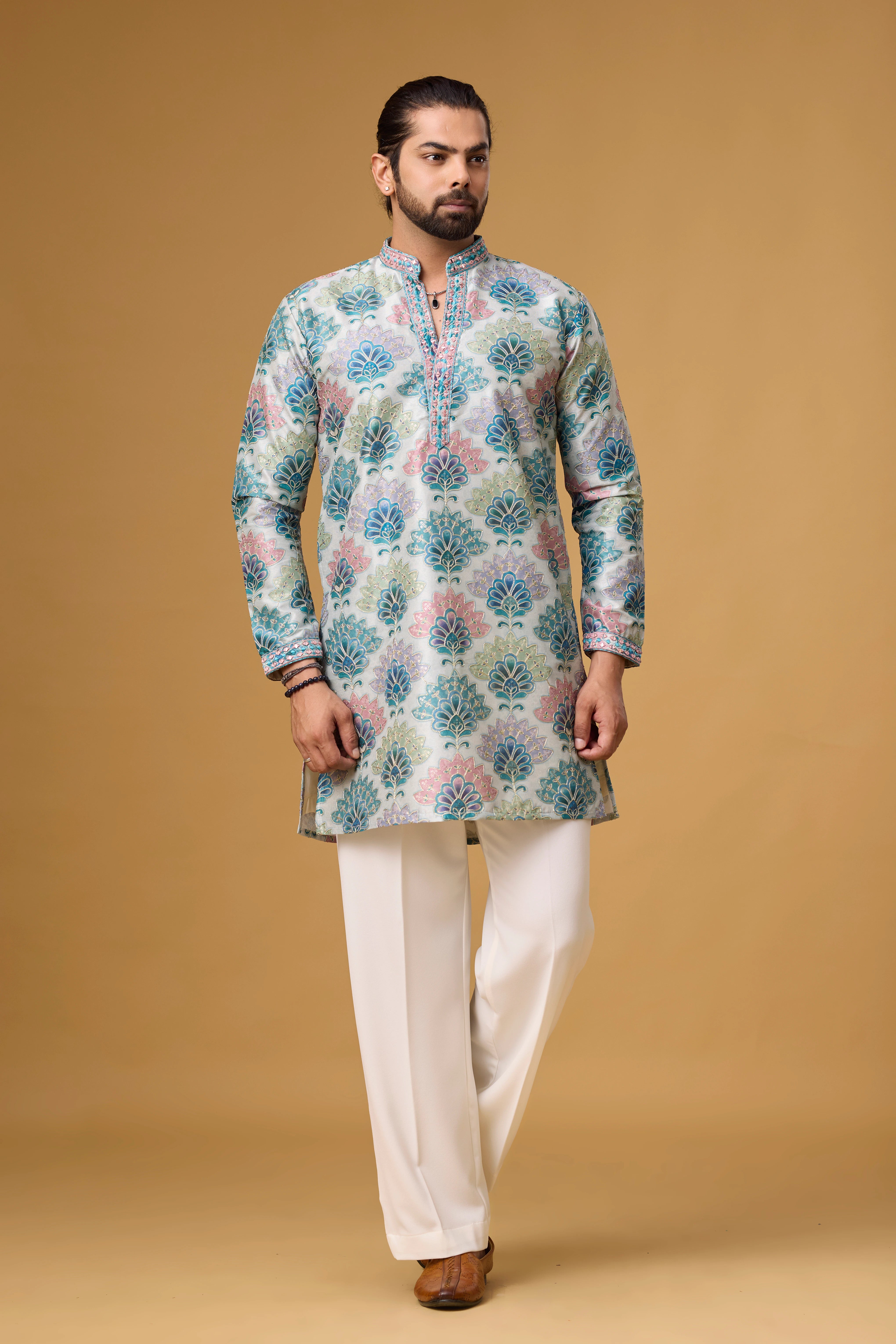Azure Bloom Printed Jacquard Kurta Set