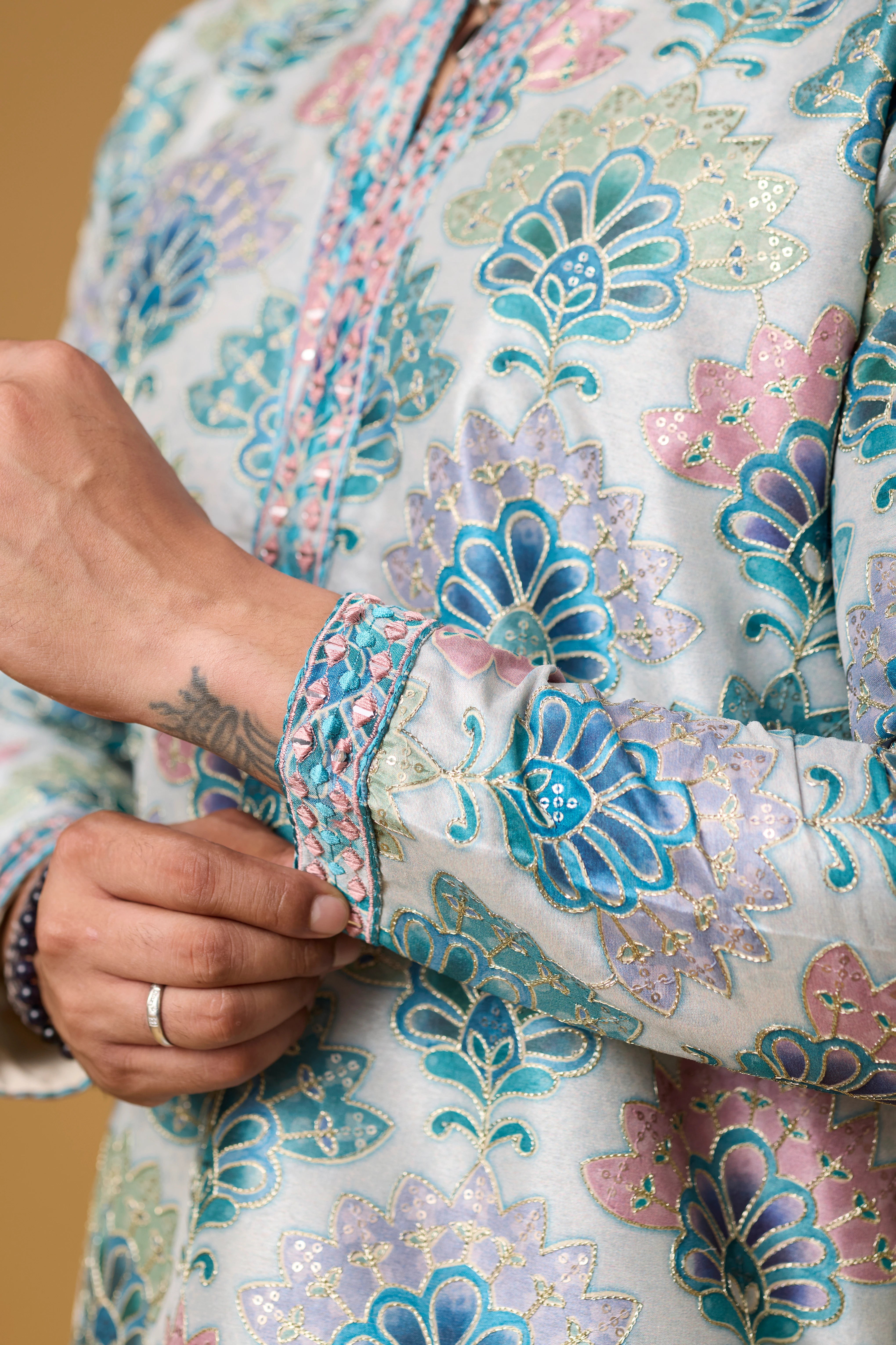 Azure Bloom Printed Jacquard Kurta Set