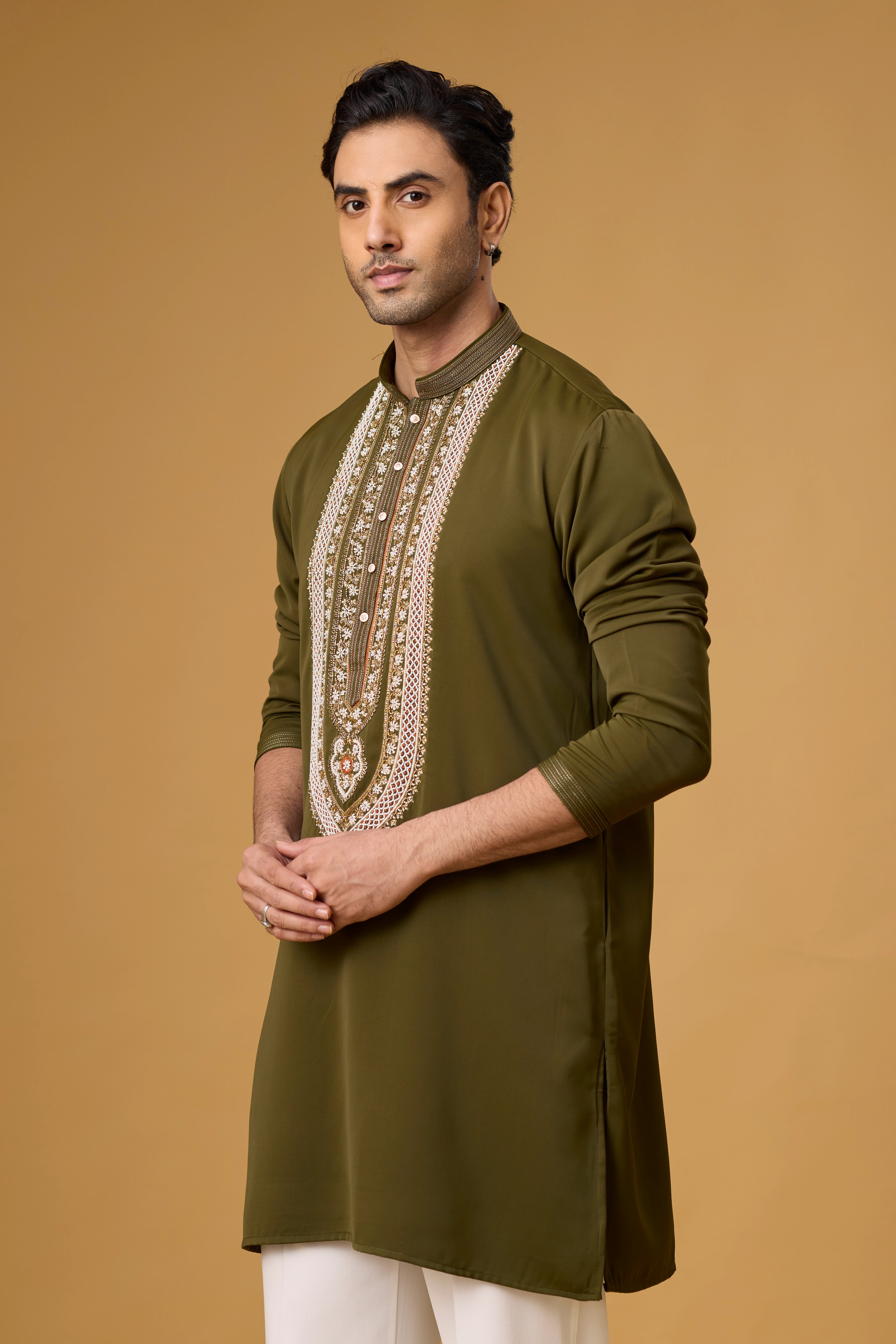 Olive Green Heritage Embroidered Kurta Set