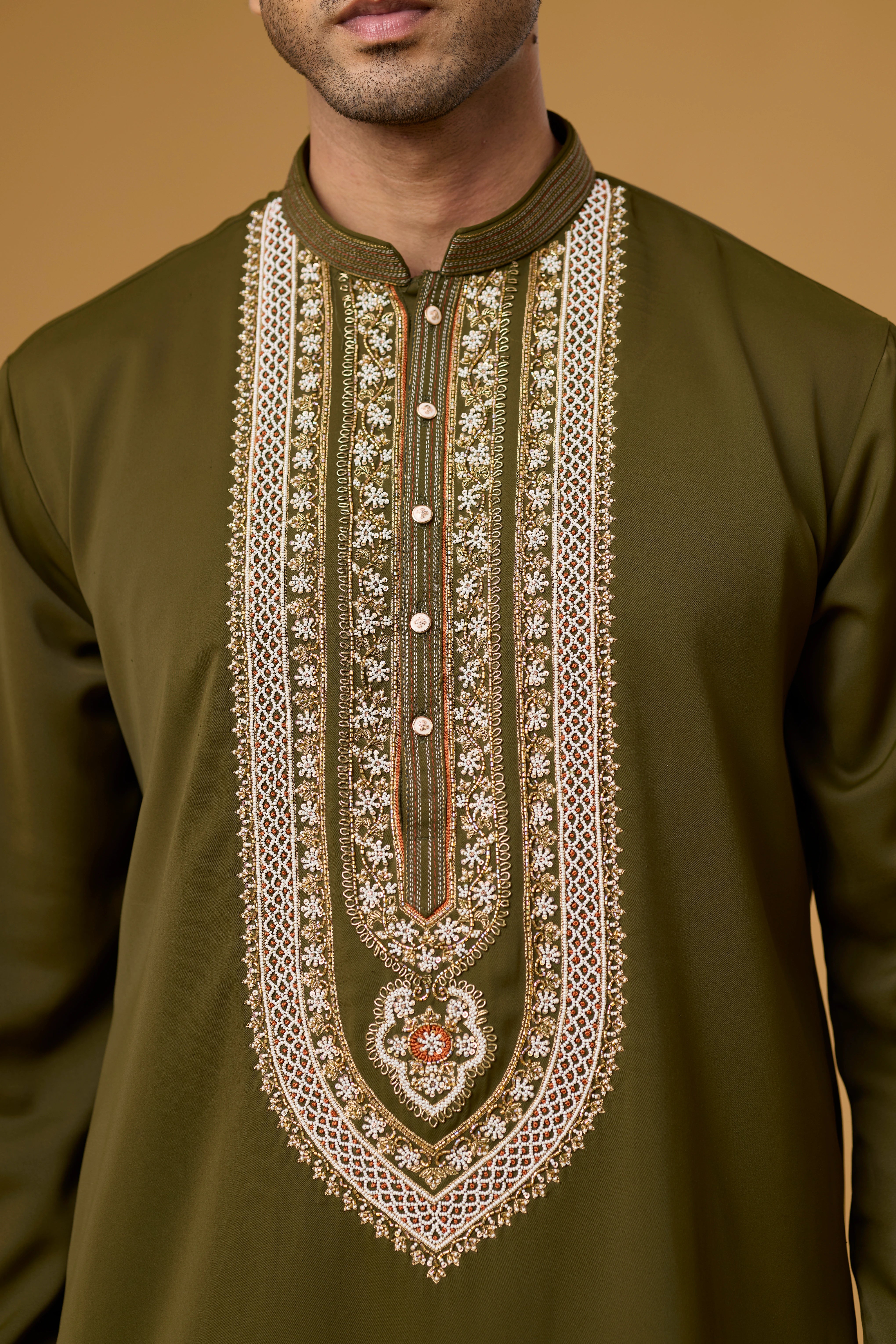 Olive Green Heritage Embroidered Kurta Set