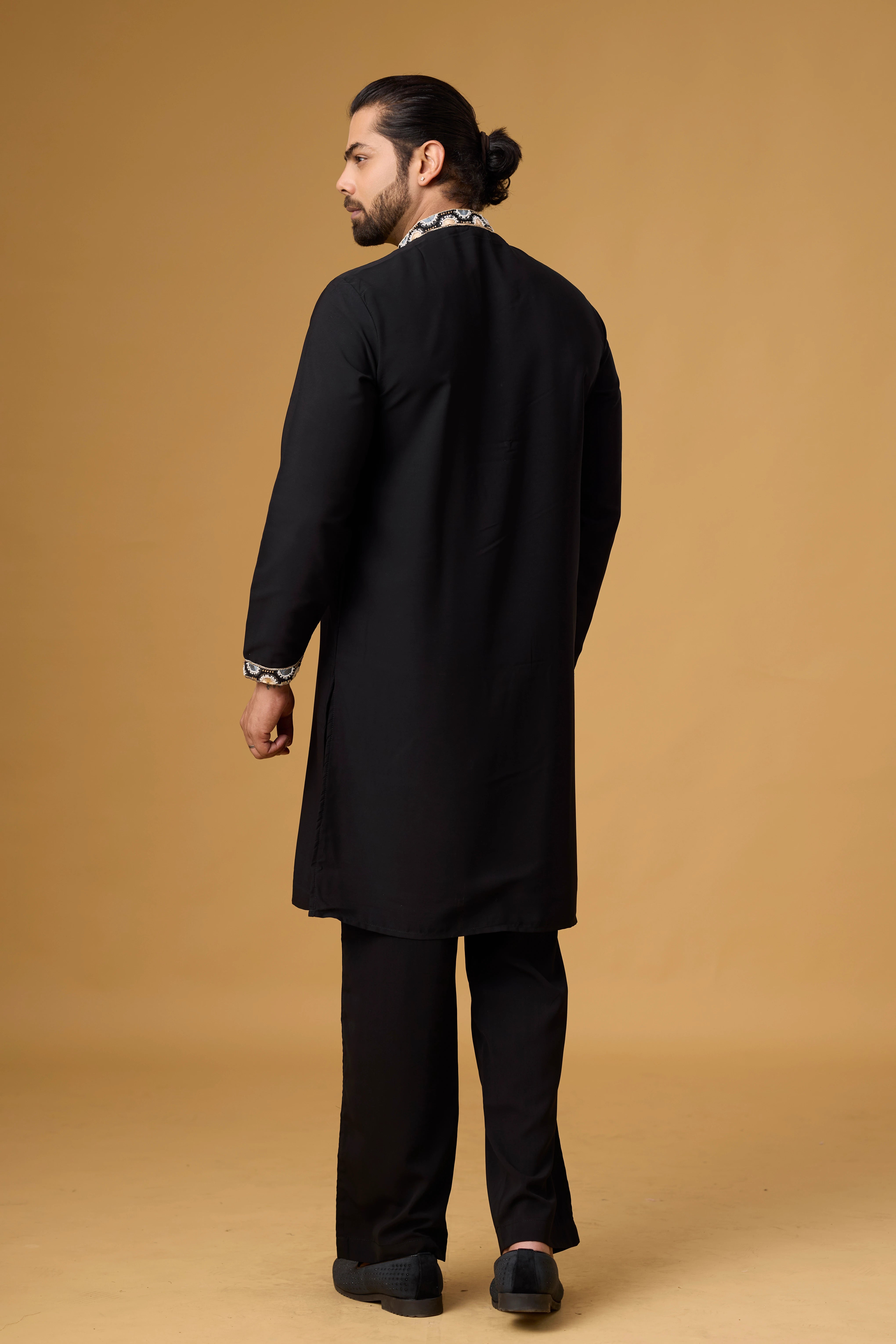 Regal Motif Black Kurta Pajama Set for Men – Front View | Mahavir NX