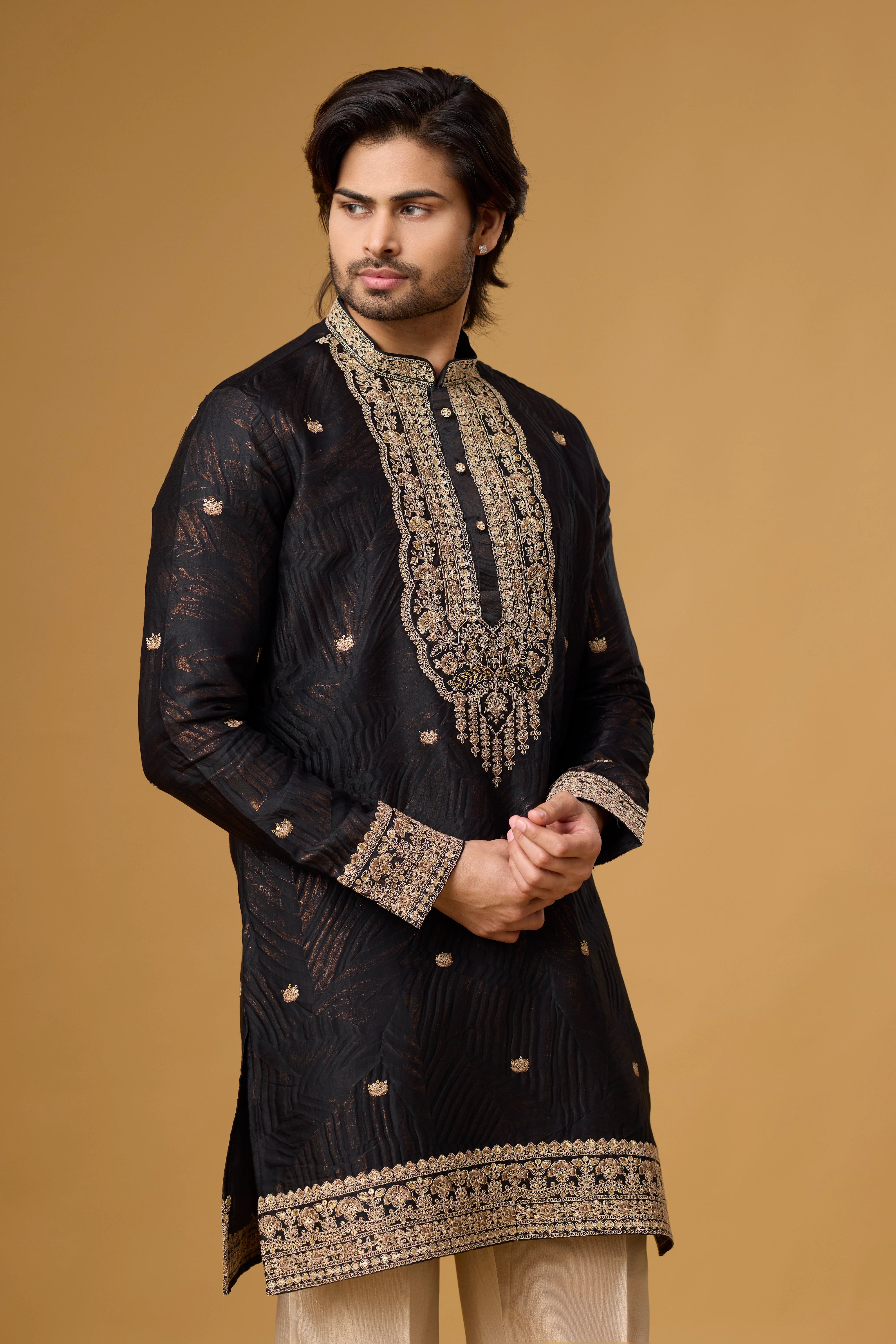 Black Heritage Goldwork Embroidered Kurta Set