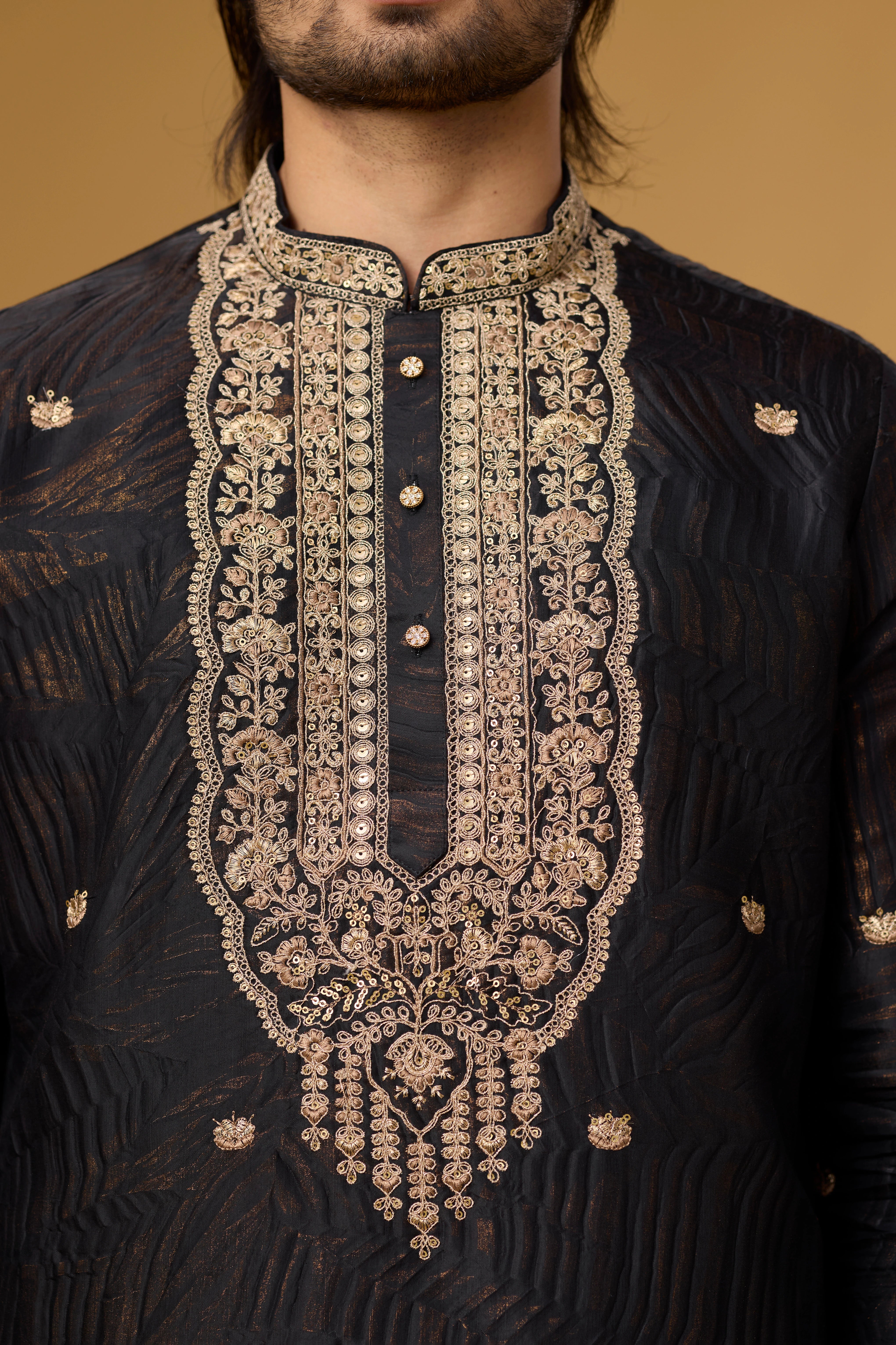 Black Heritage Goldwork Embroidered Kurta Set