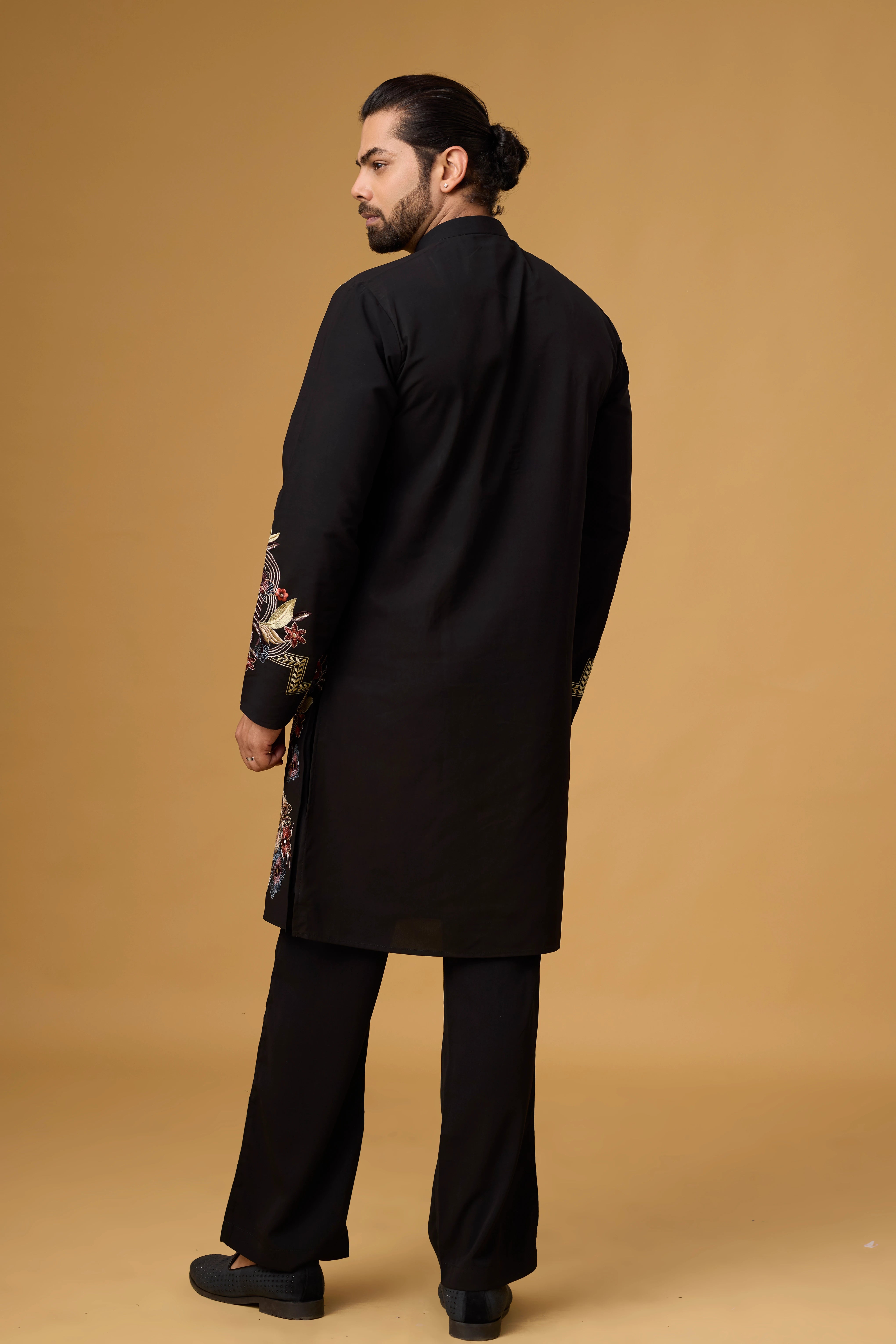 Black Floral Thread Kurta Pajama Set for Men – Front View | Mahavir NX