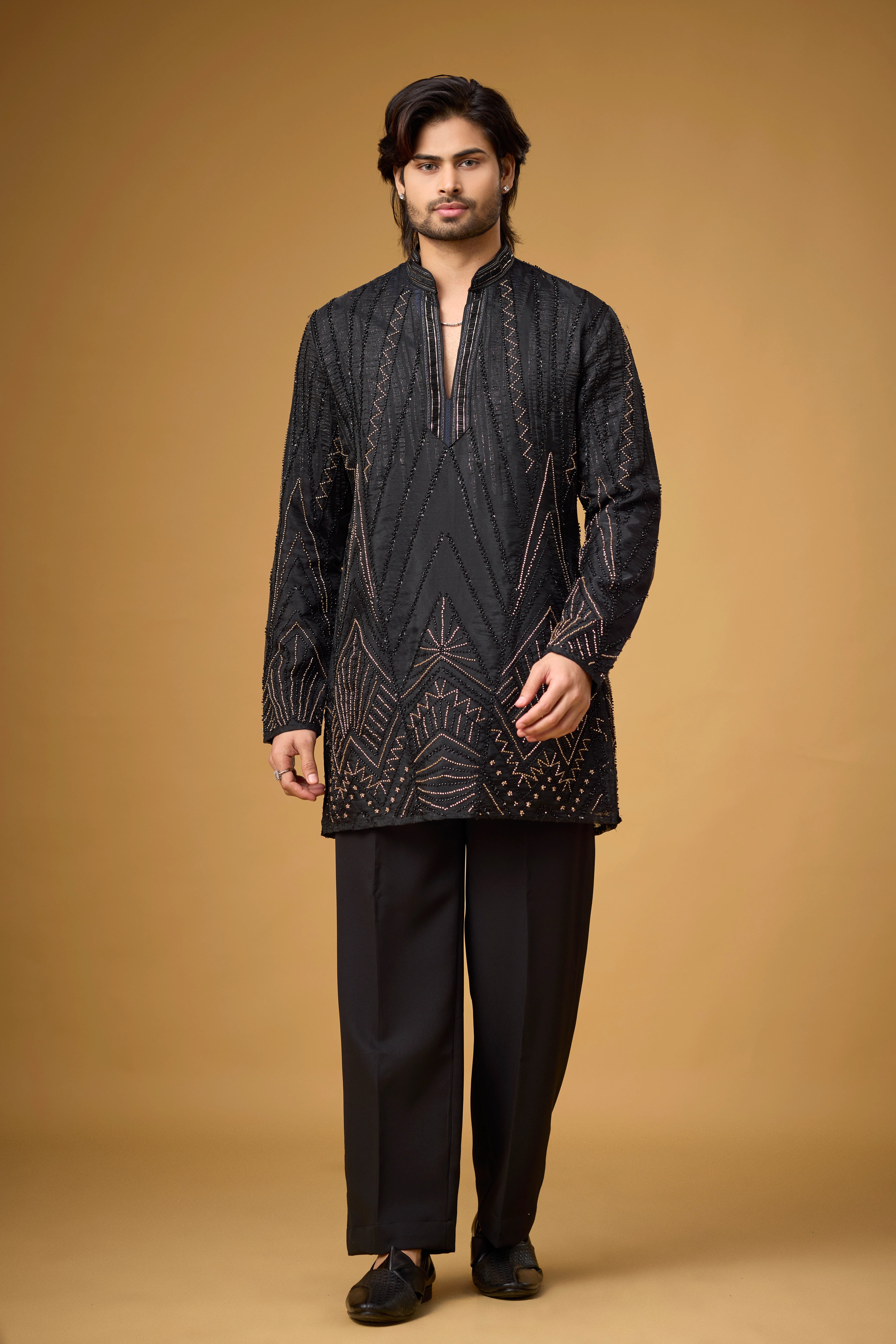 Midnight Black Geometric Embroidered Kurta Set