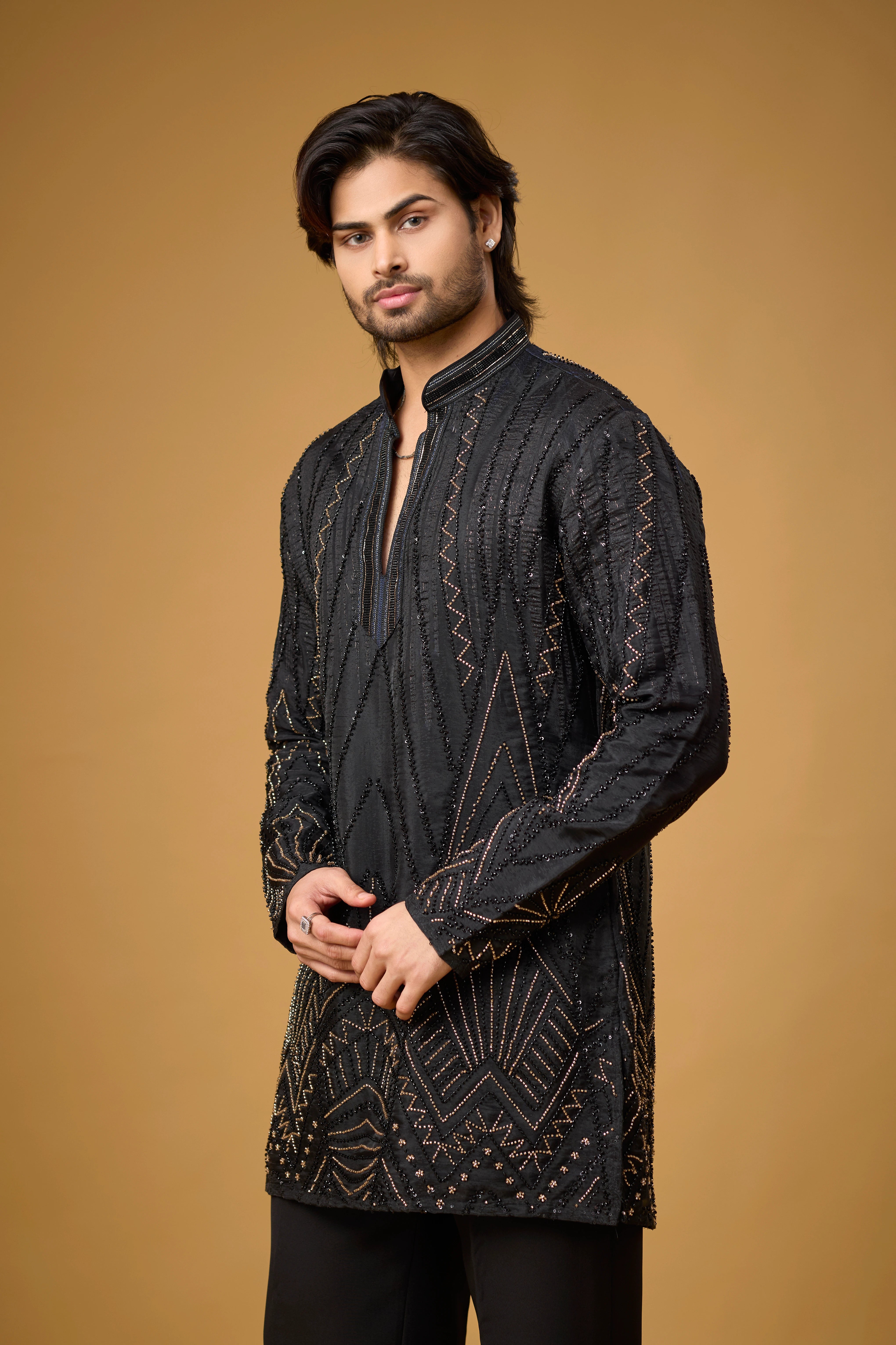 Midnight Black Geometric Embroidered Kurta Set