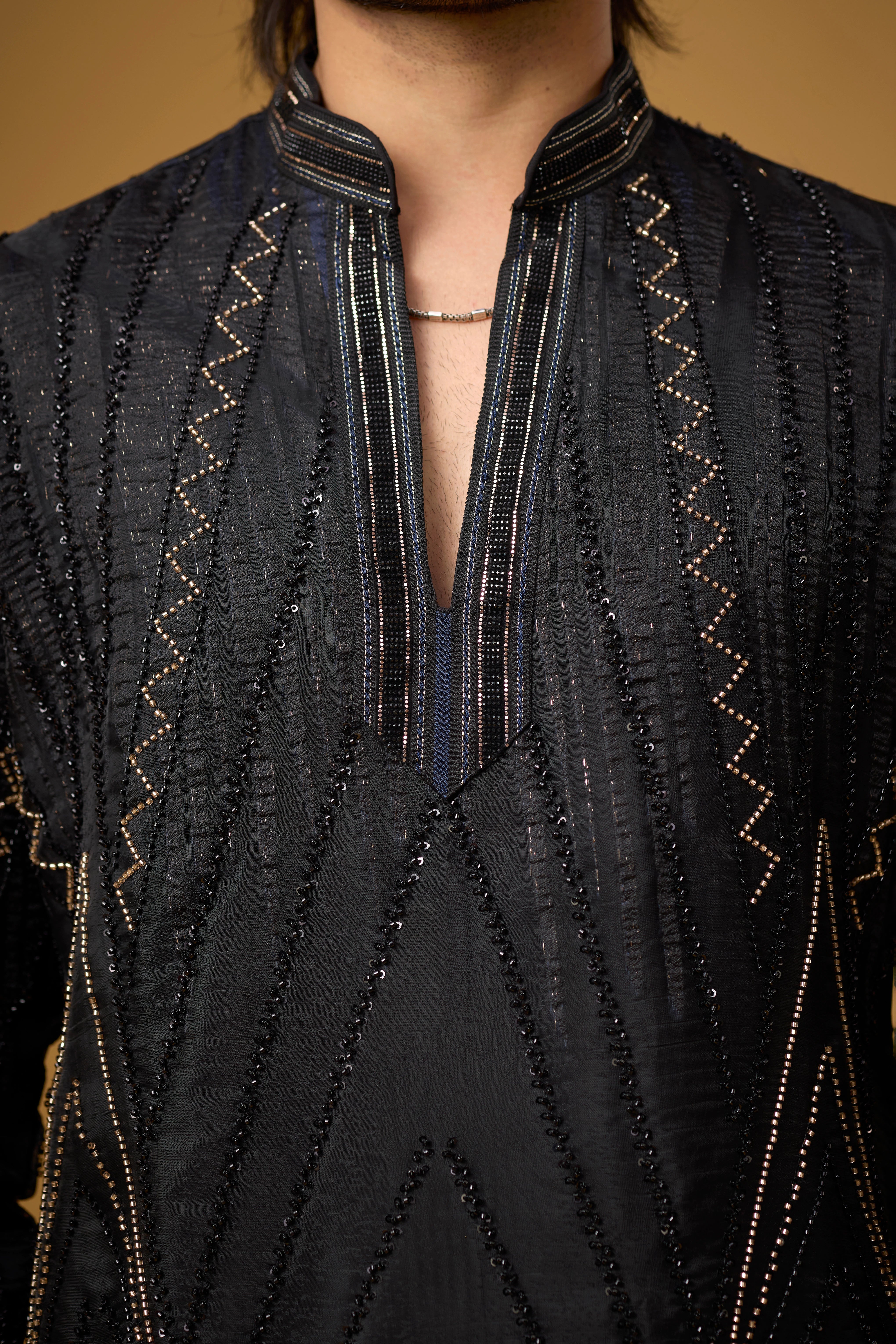 Midnight Black Geometric Embroidered Kurta Set