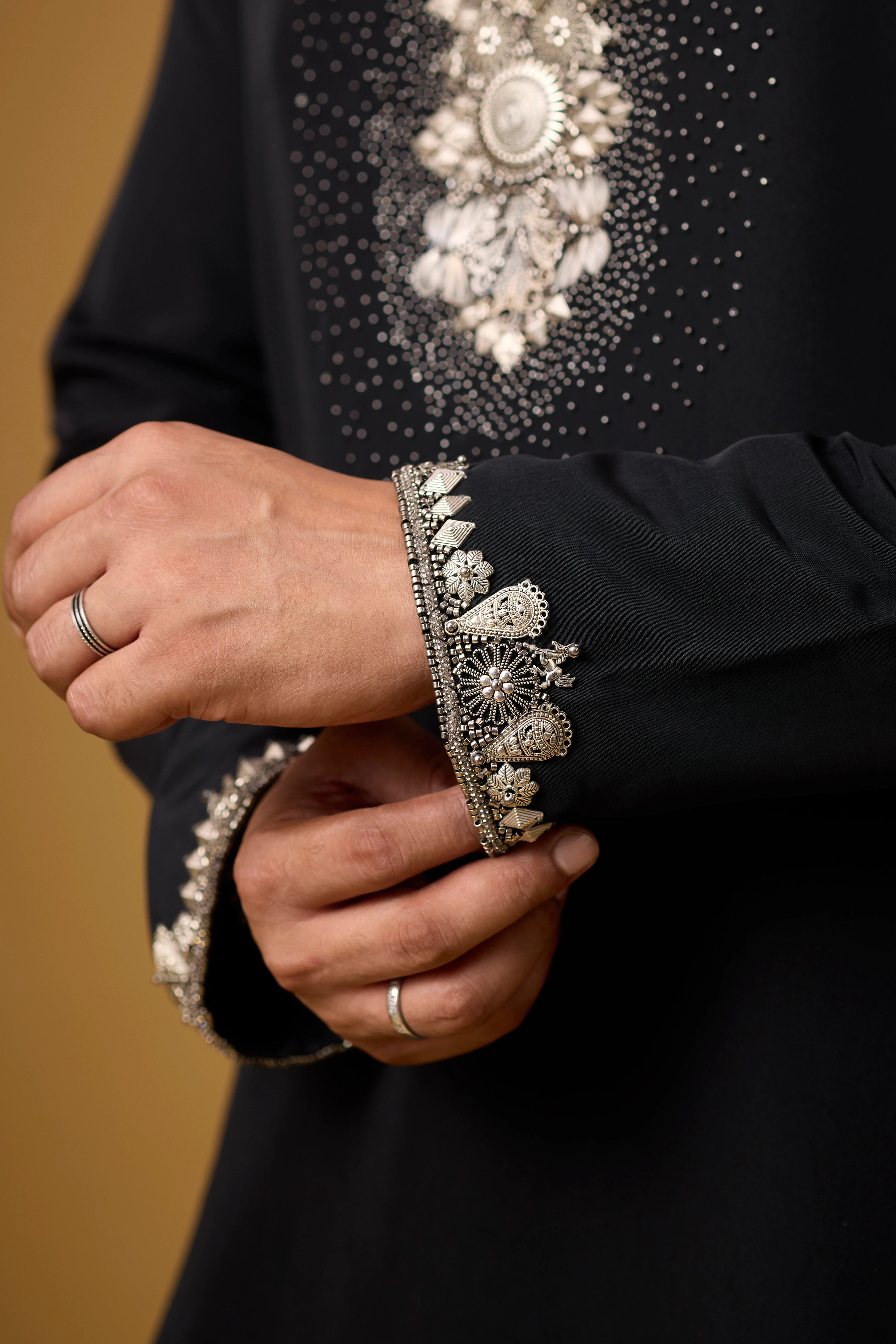 Midnight Black Pearlwork Neckline Kurta Set