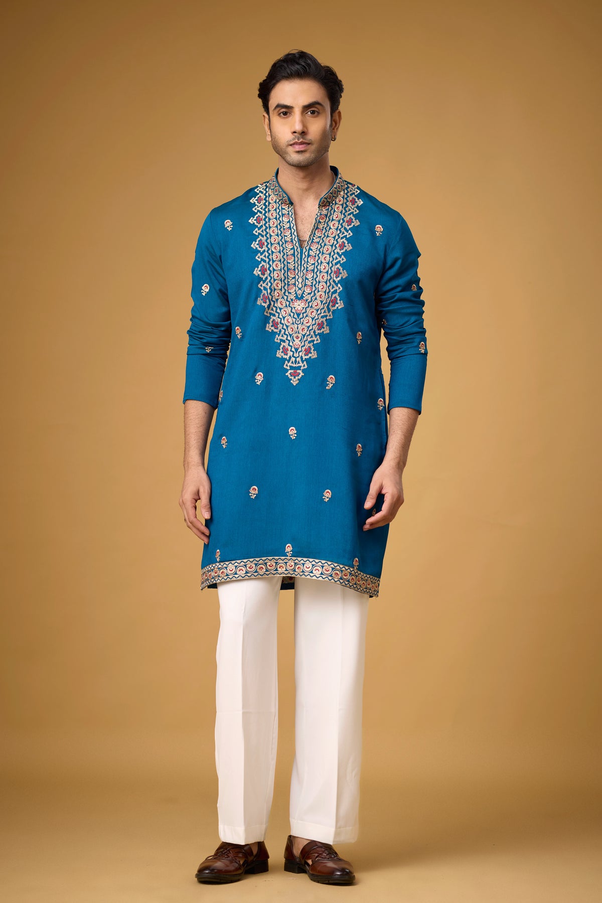 Regal Teal Blue Heritage Embroidered Kurta