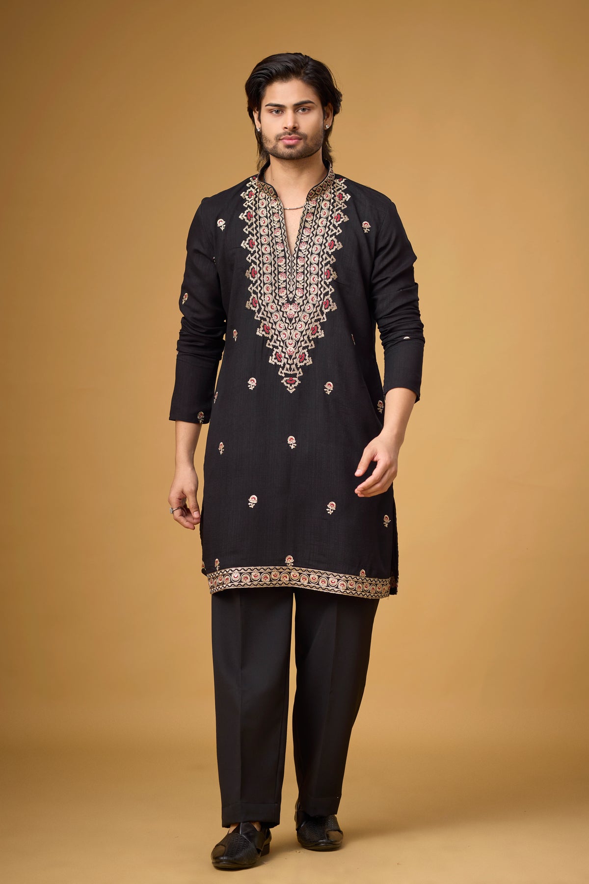Midnight Black Heritage Motif Embroidered Kurta