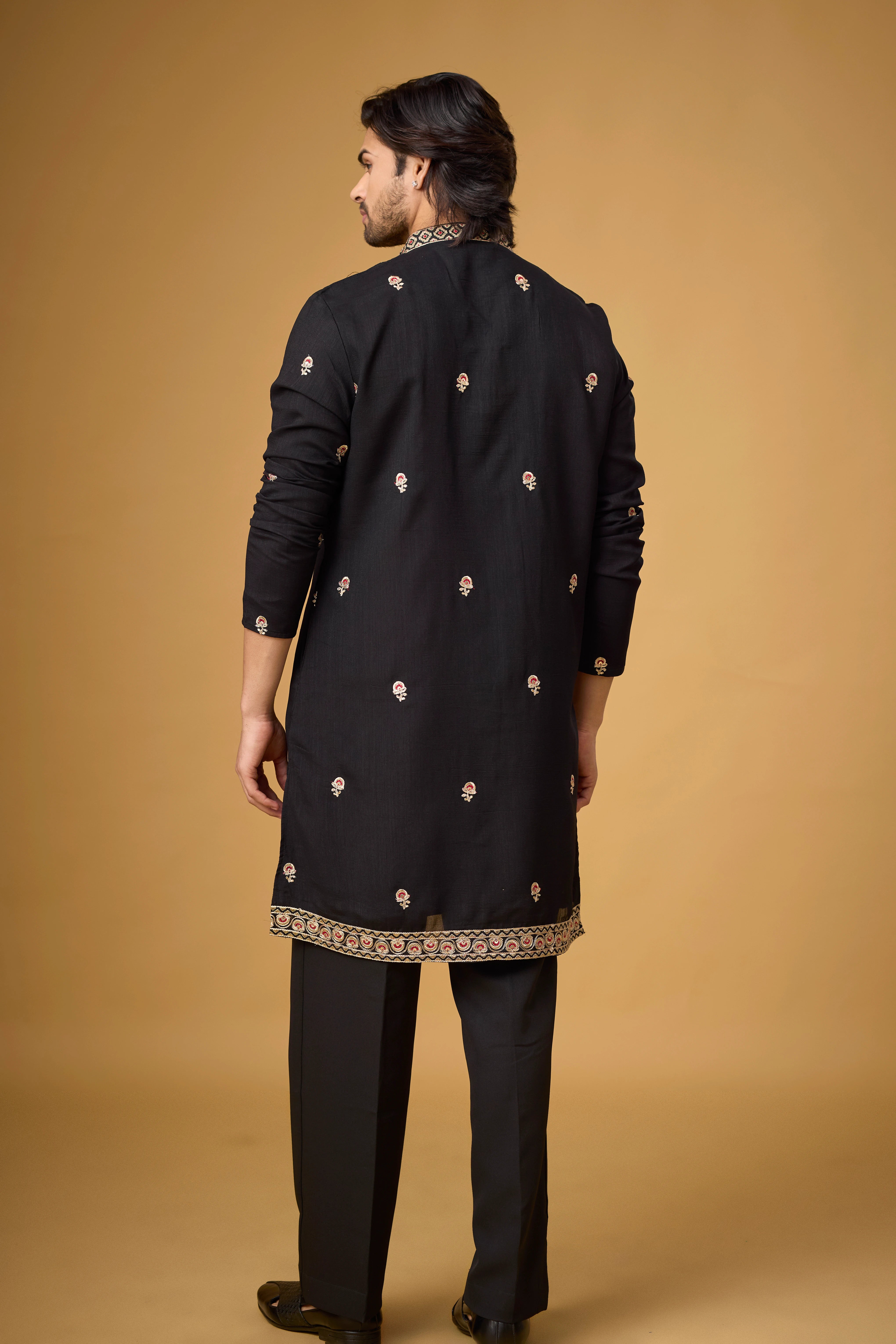 Midnight Black Heritage Motif Embroidered Kurta