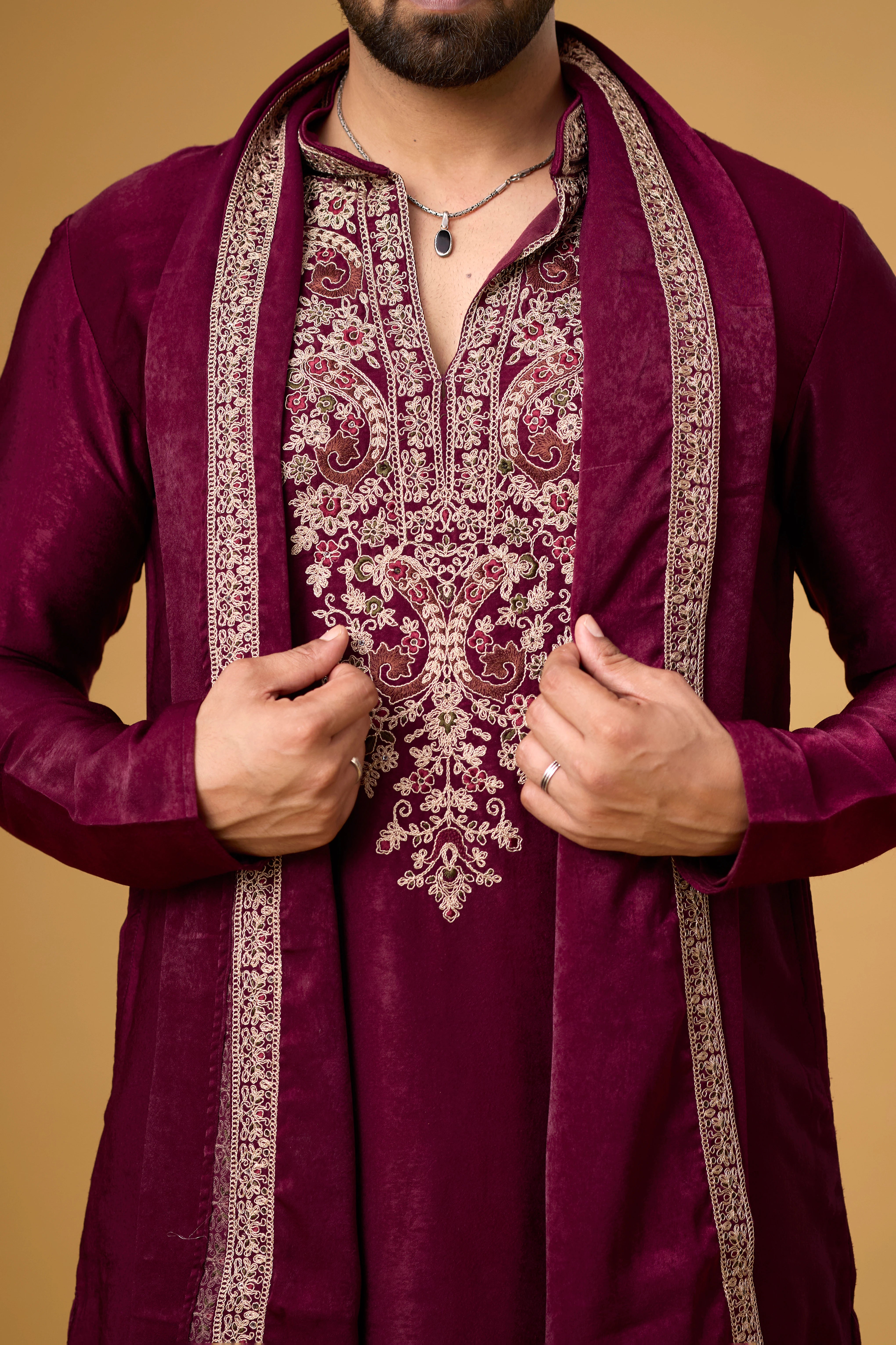 Royal Burgundy Embroidered Kurta Set with Stole