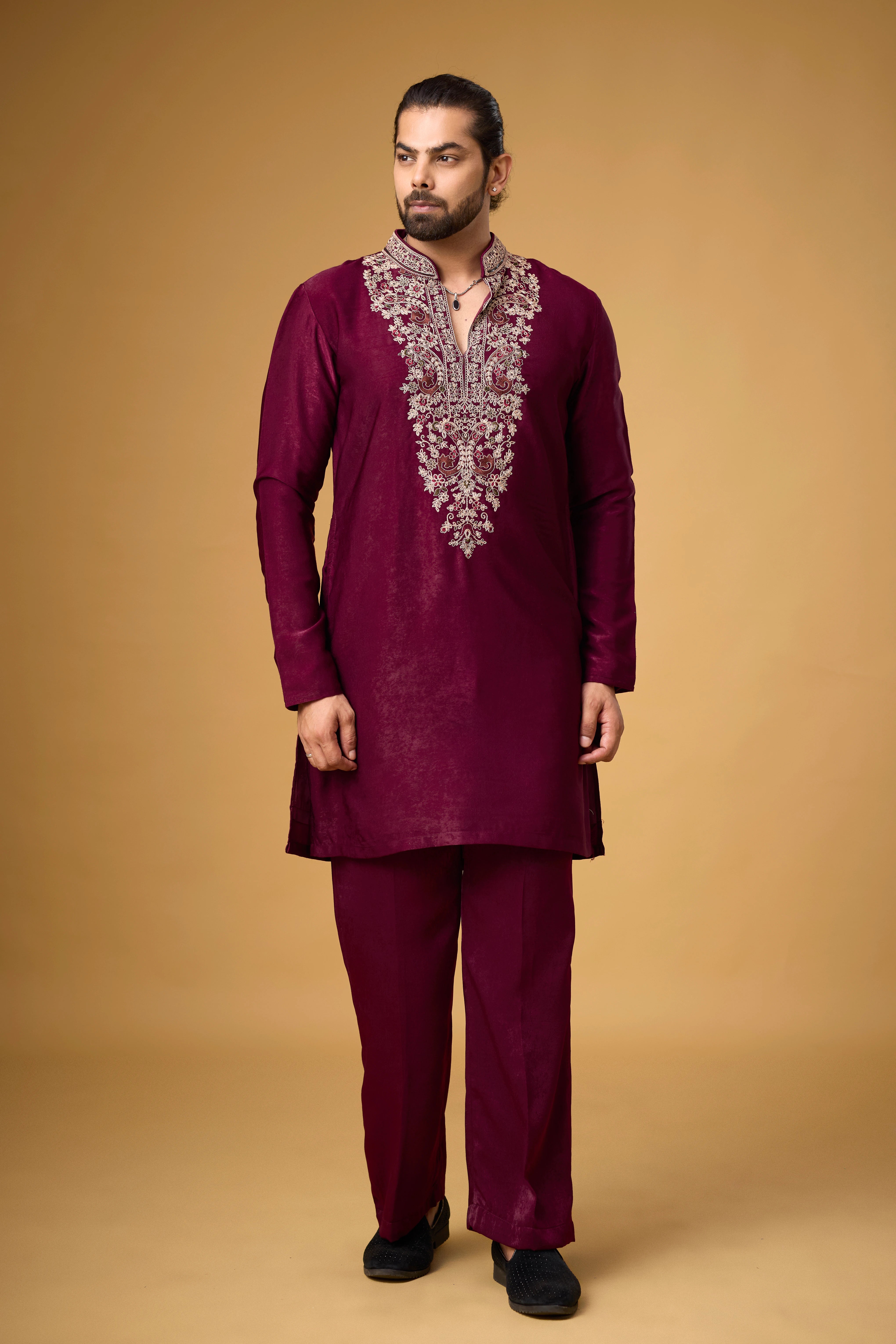 Royal Burgundy Embroidered Kurta Set with Stole