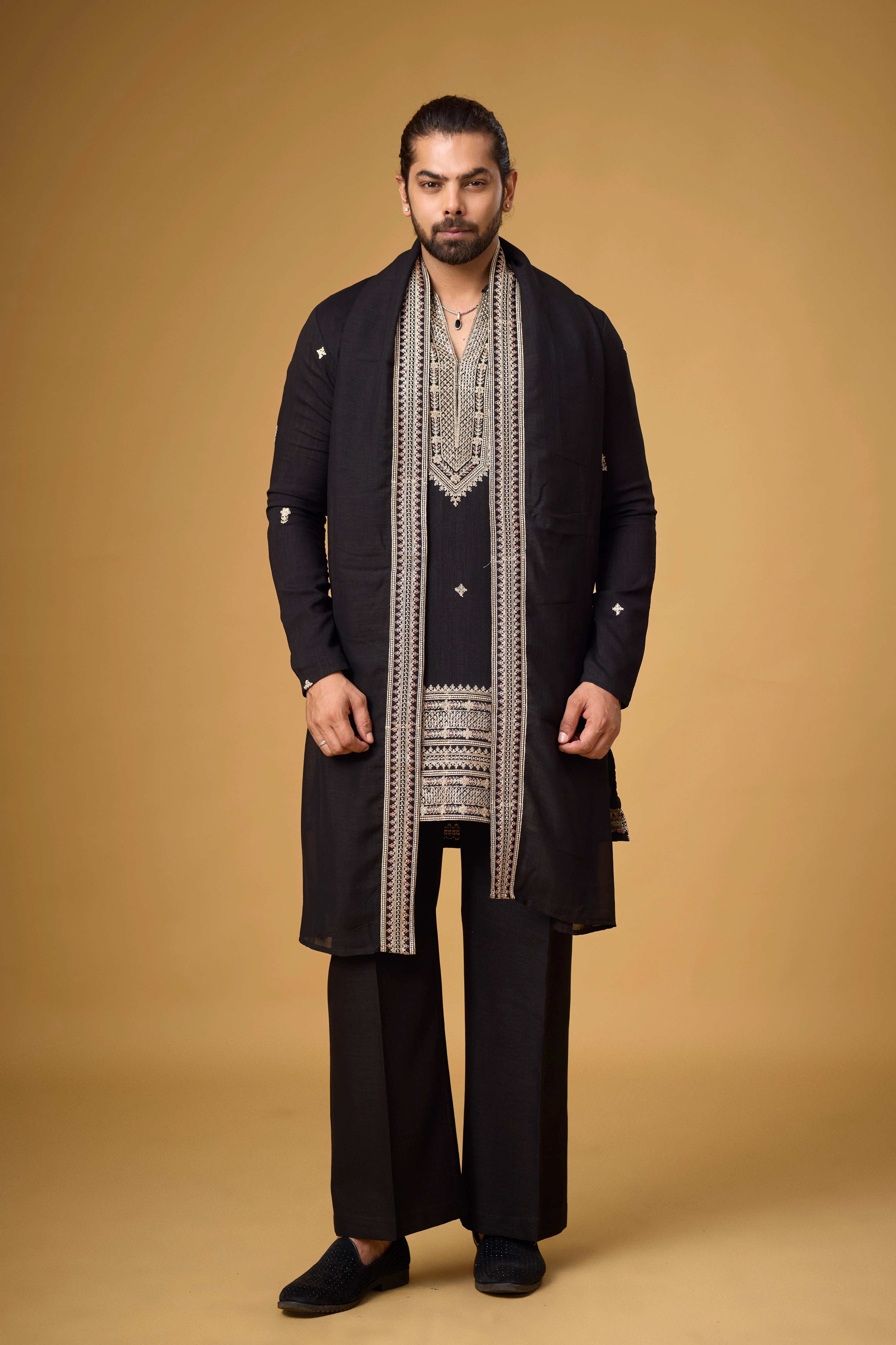 Midnight Black Regal Embroidered Kurta Set with Stole