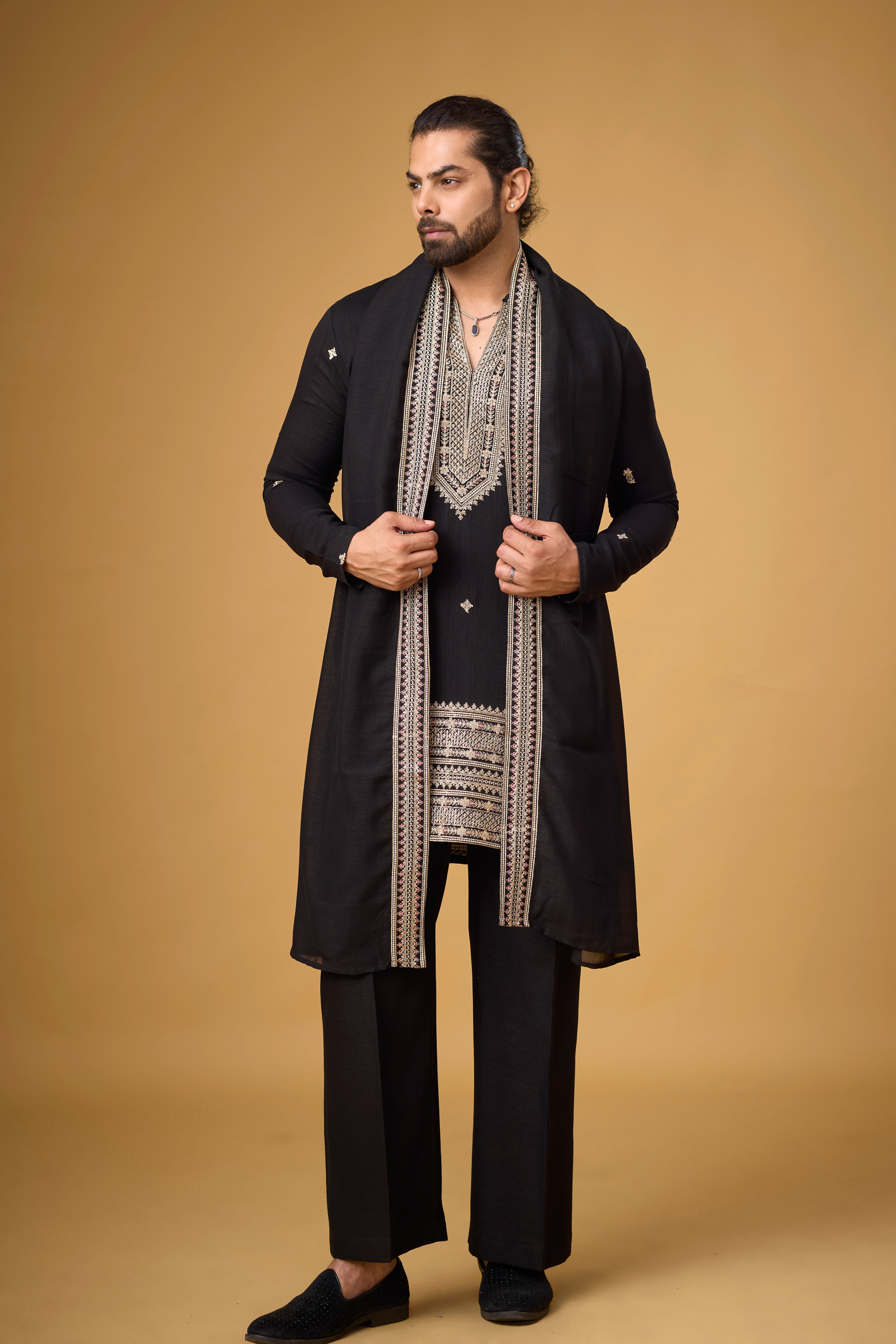 Midnight Black Regal Embroidered Kurta Set with Stole