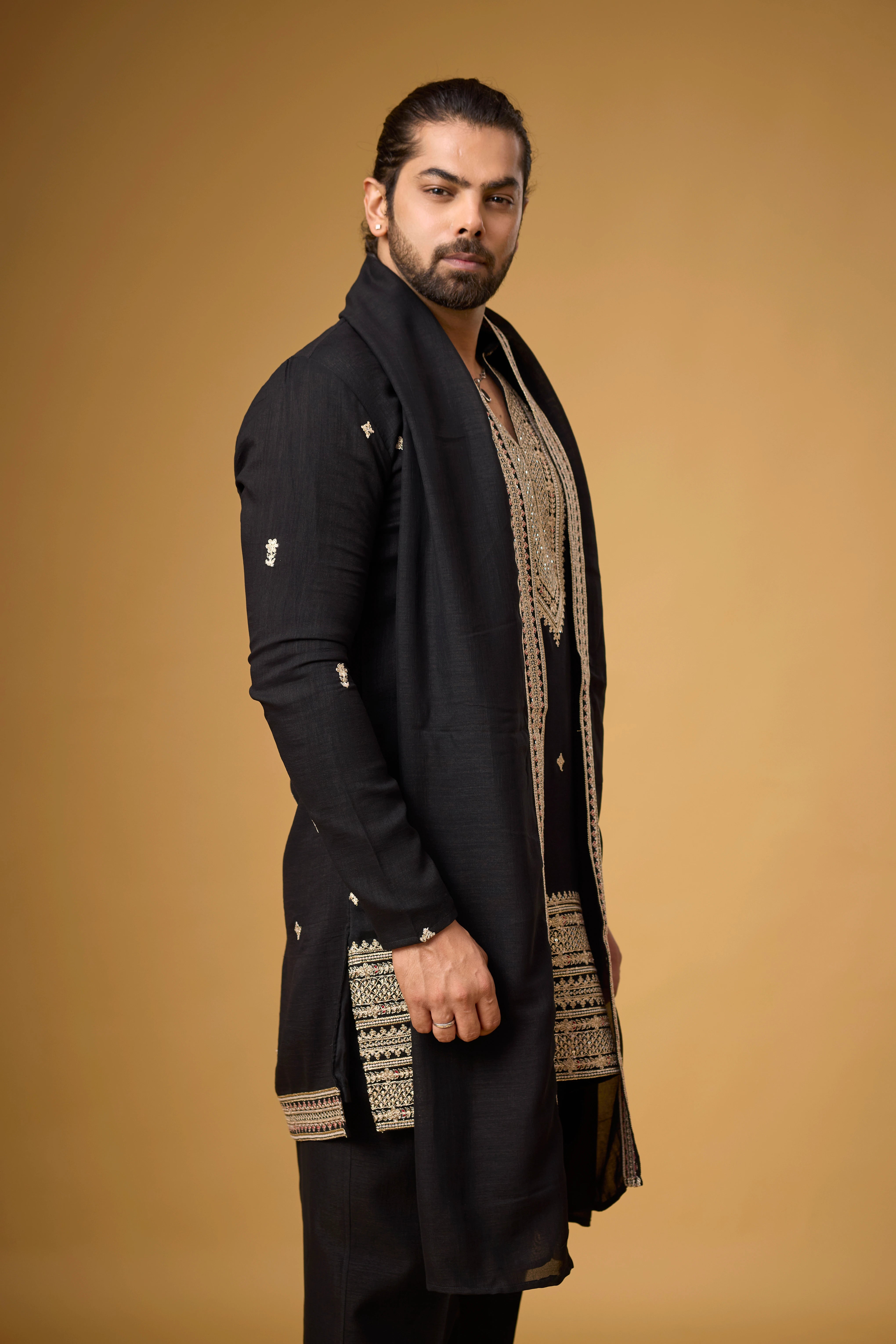 Midnight Black Regal Embroidered Kurta Set with Stole
