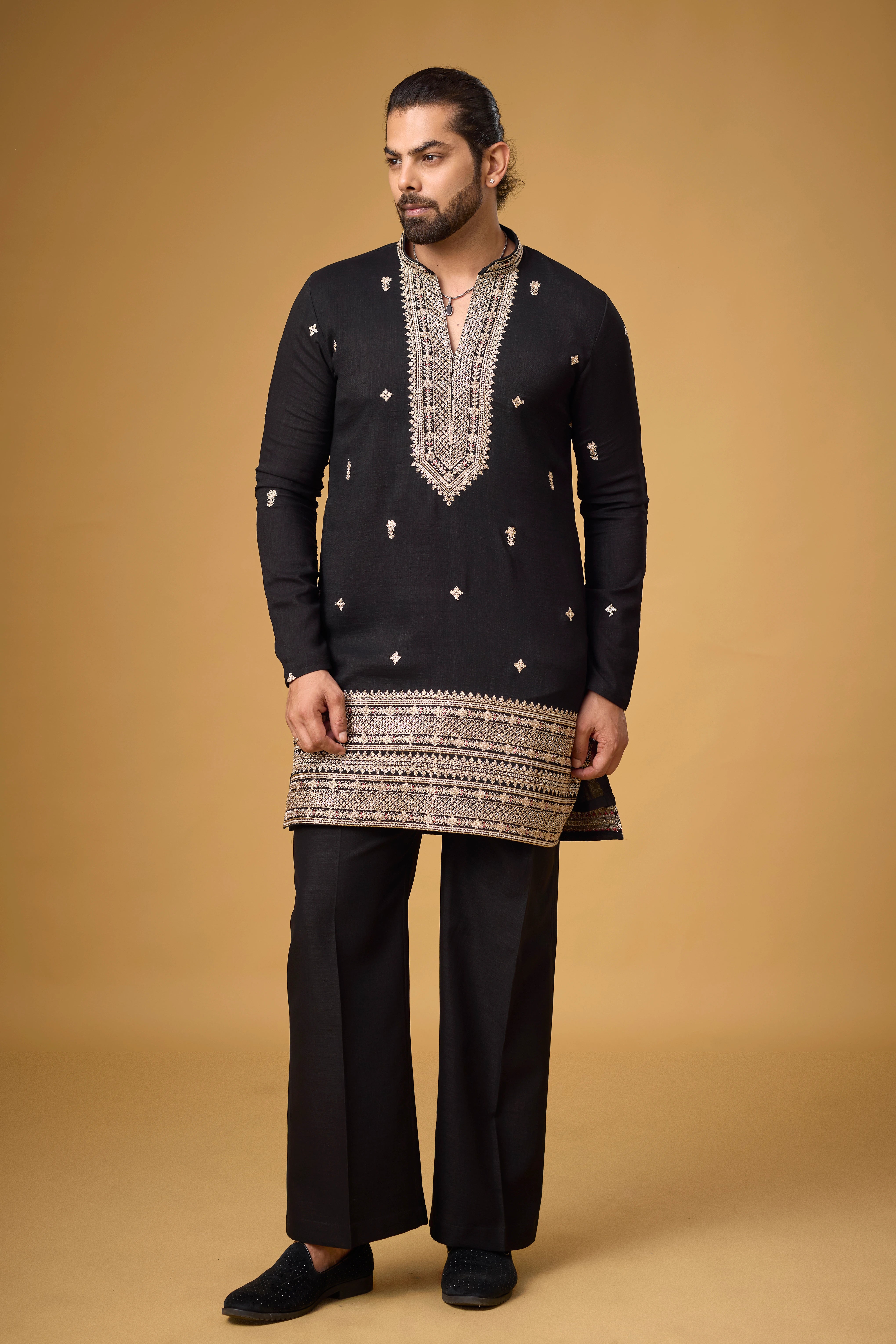 Midnight Black Regal Embroidered Kurta Set with Stole