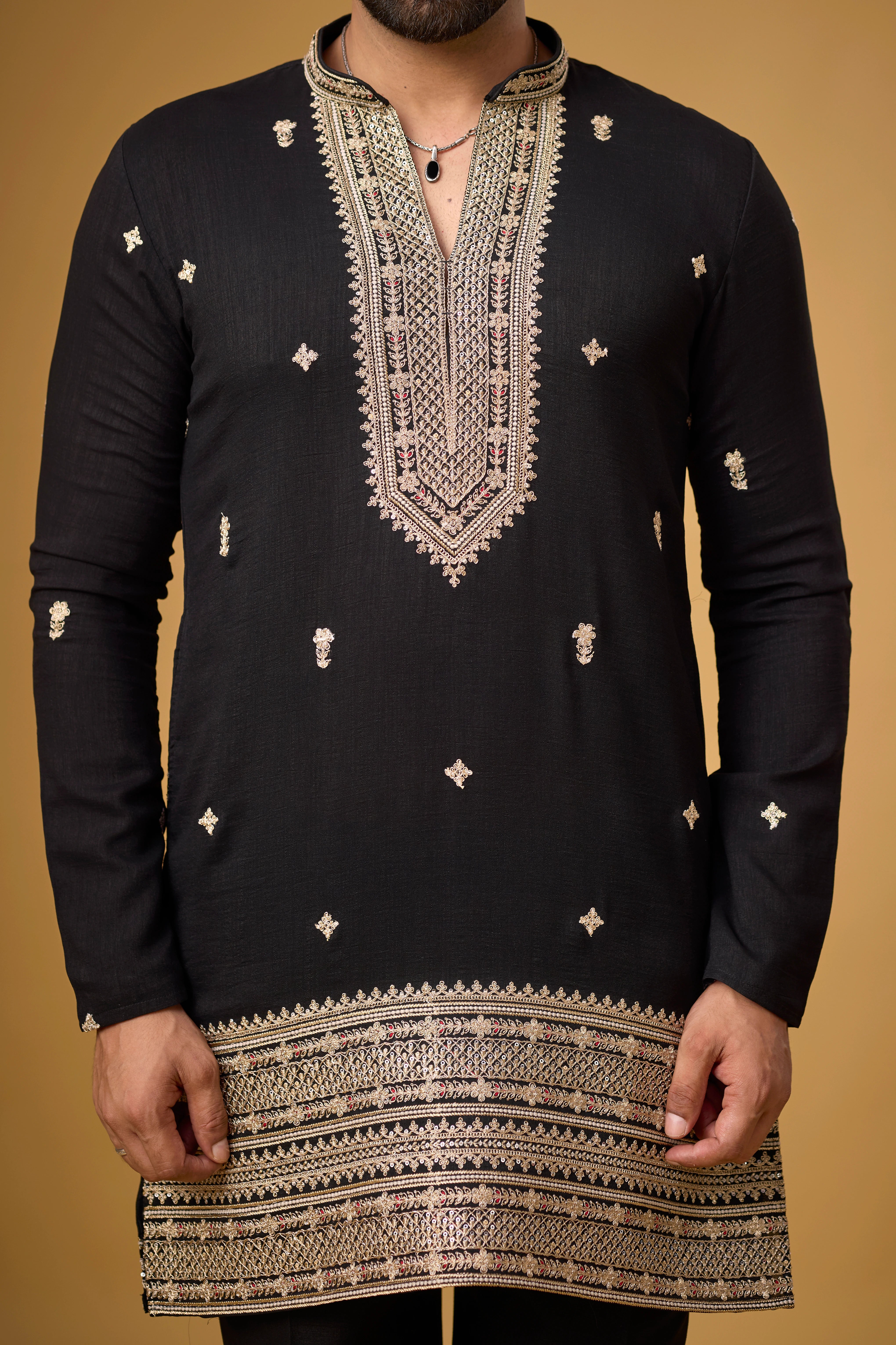 Midnight Black Regal Embroidered Kurta Set with Stole