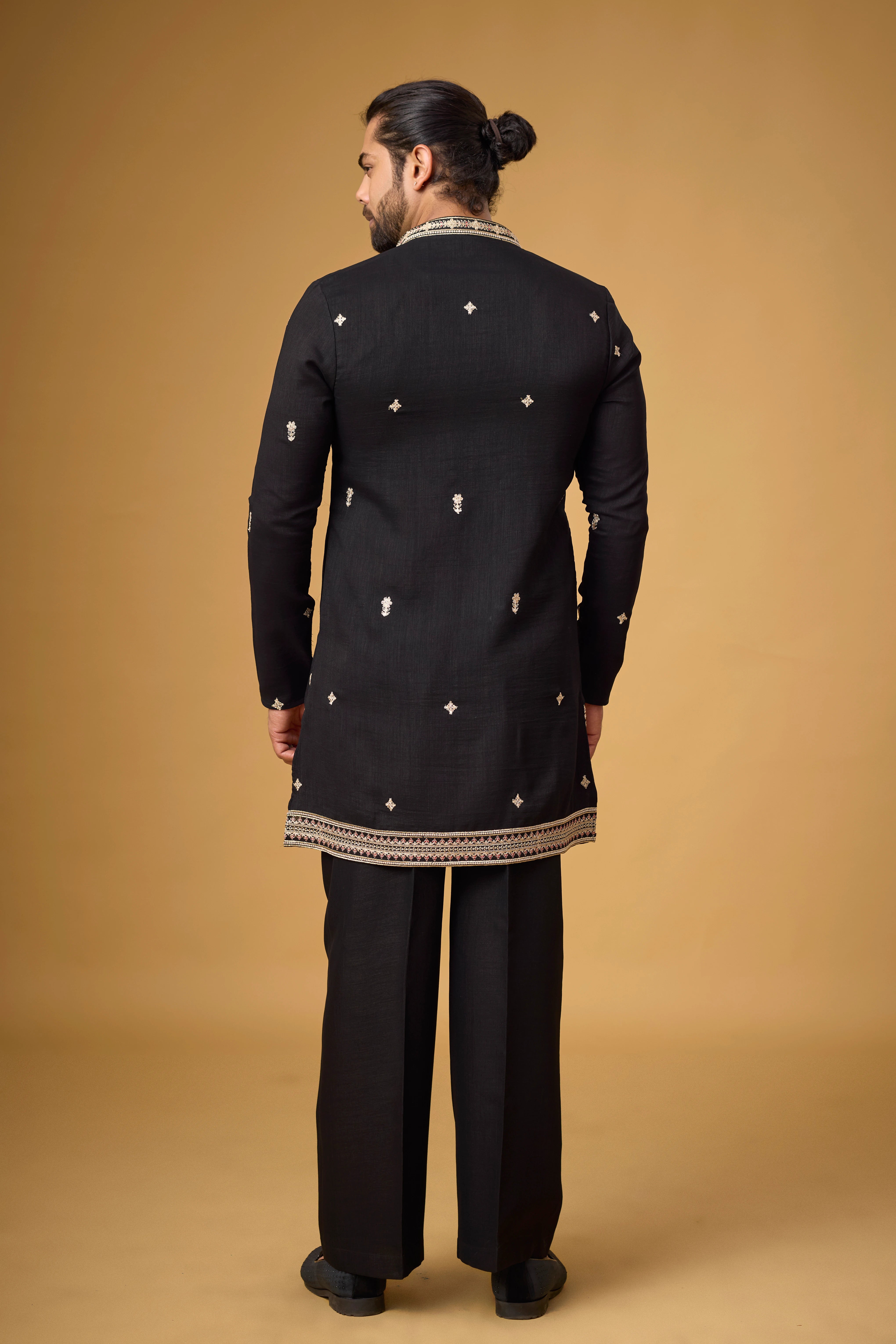 Midnight Black Regal Embroidered Kurta Set with Stole