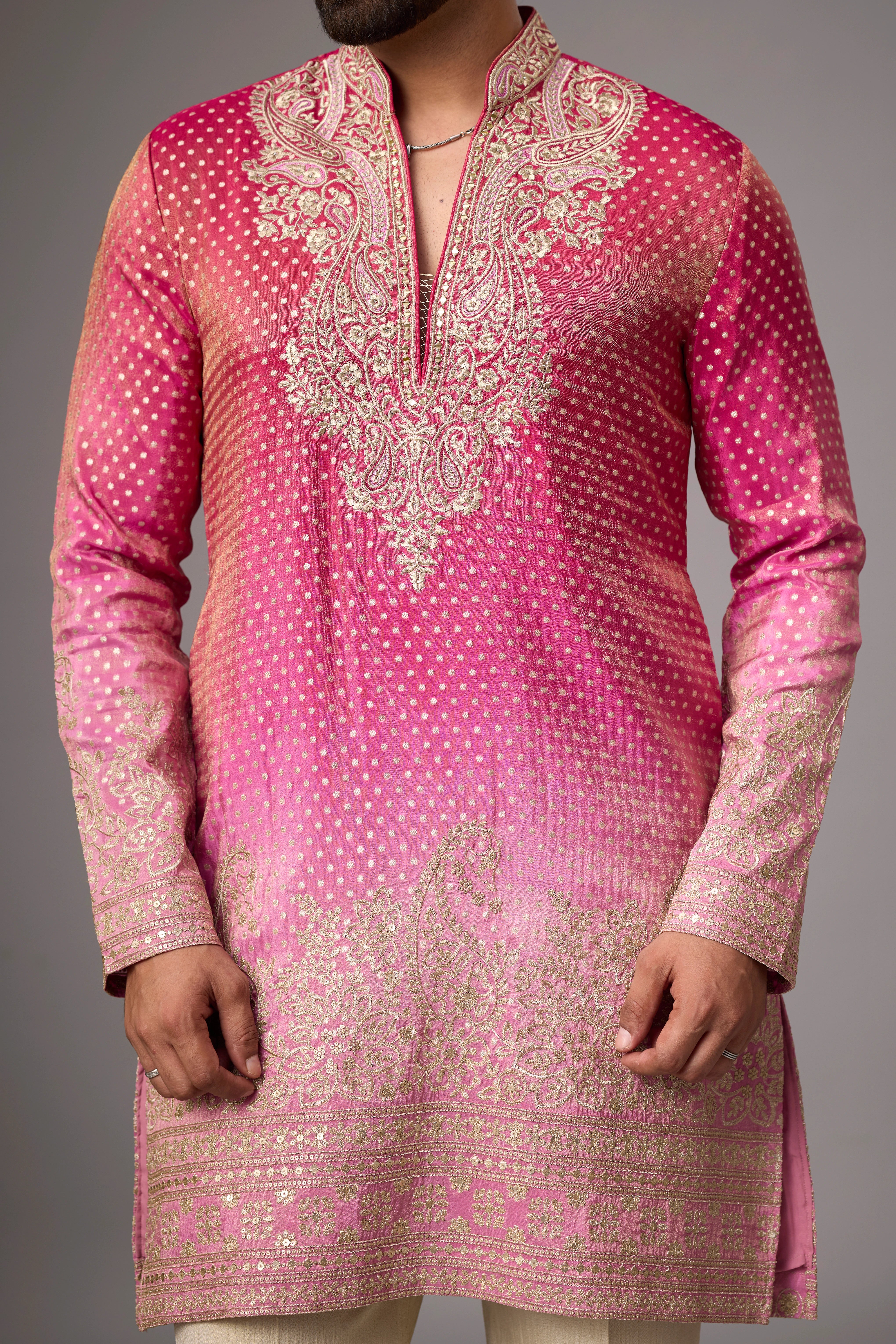Rose Pink Paisley Kurta Pajama Set for Men – Front View | Mahavir NX
