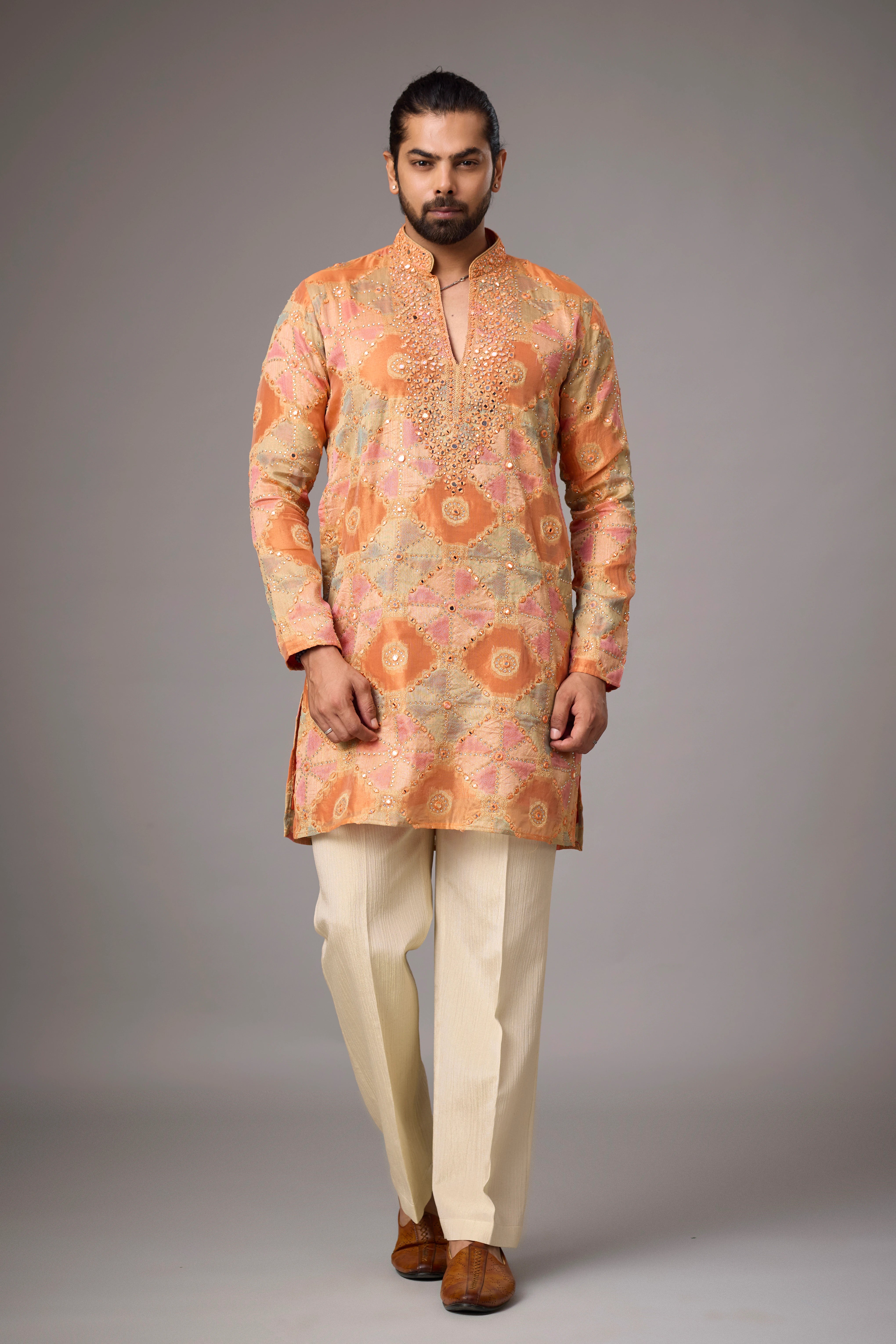 Peach Gold Artisanal Embroidered Kurta Set