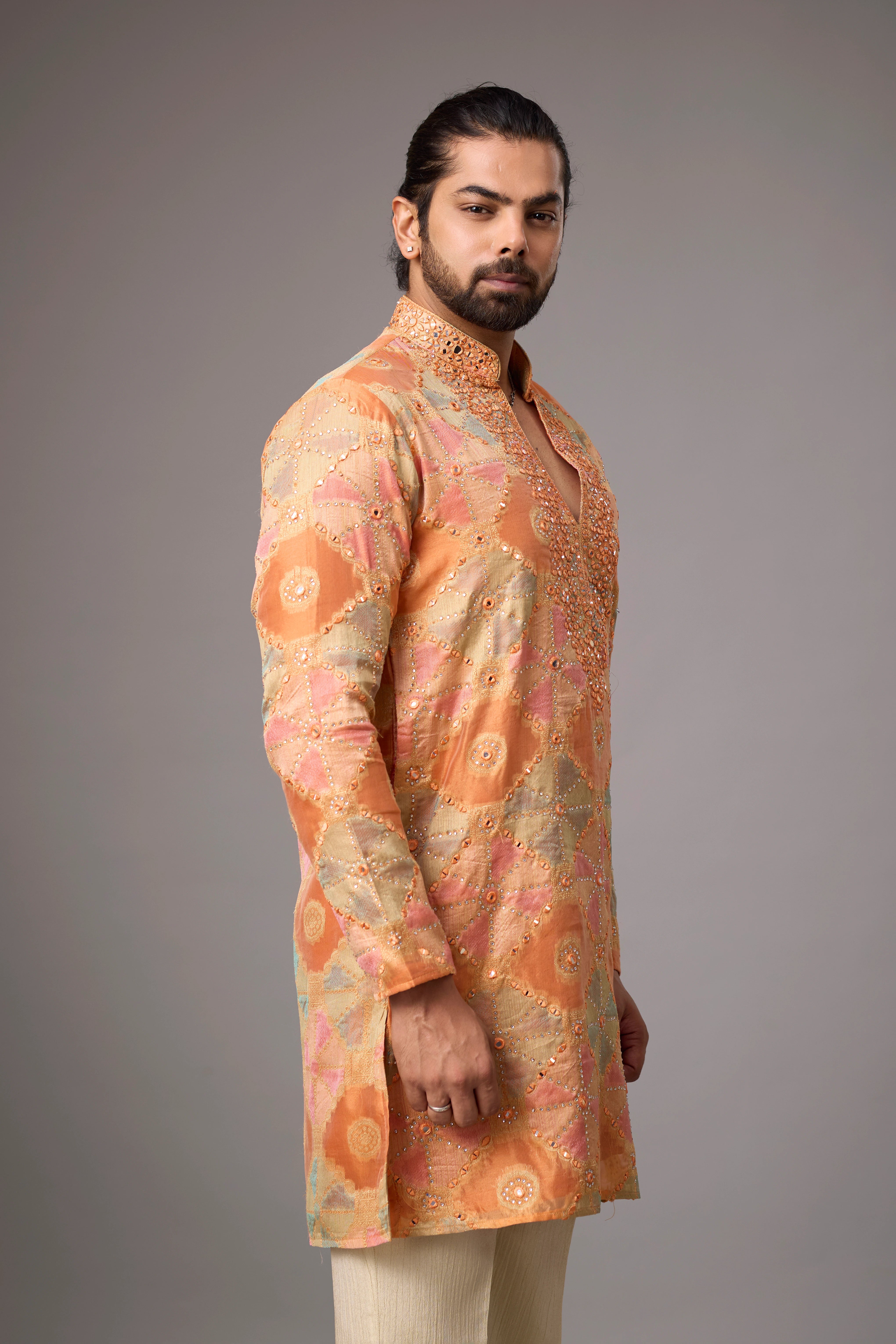 Peach Gold Artisanal Embroidered Kurta Set